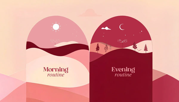 Minimal landscape infographic showing Suvéra’s morning and evening skincare order with H3-style step labels for each routine.