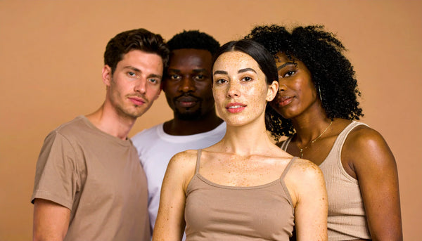 Four adults with diverse skin tones standing together against a warm beige background, natural skin and minimal styling—representing genderless skincare.