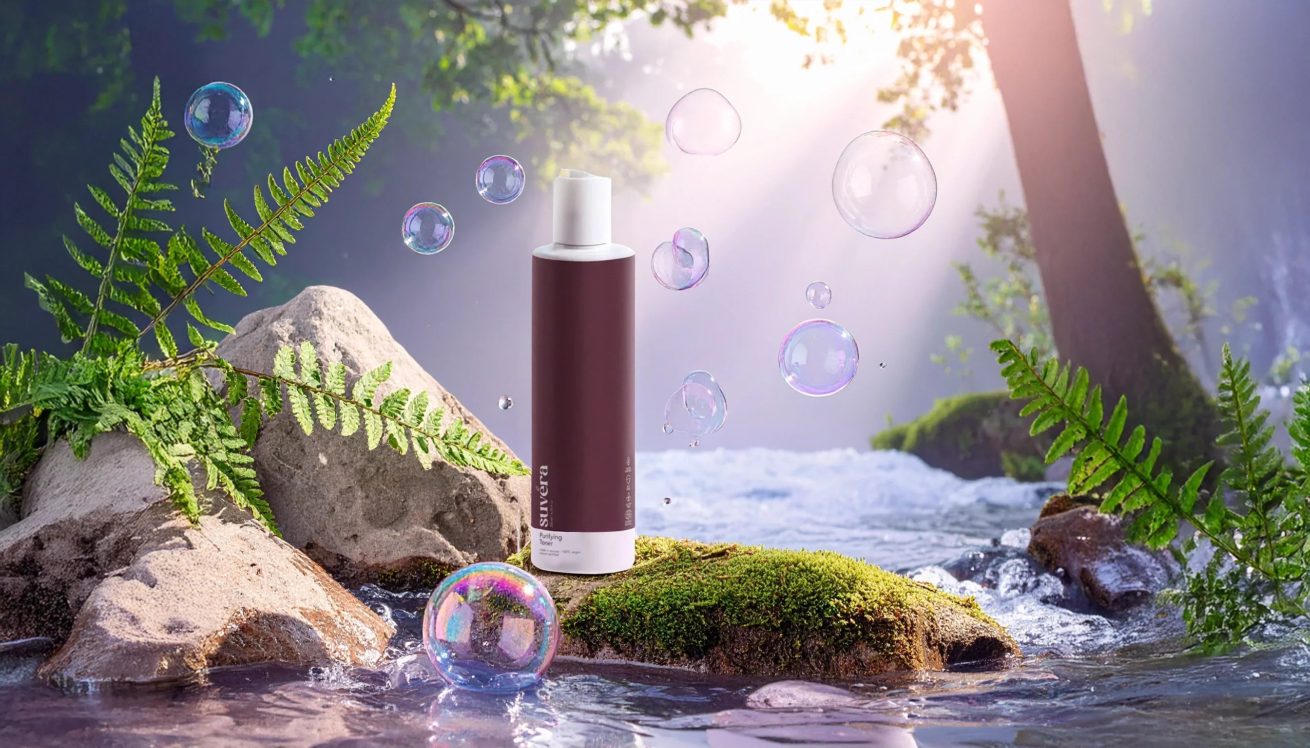 Minimalist still-life of Suvéra Soothing Toner and Anti-Age Day Cream on a mossy stone with dappled forest light, evoking digital detox and Shinrin-yoku ritual.
