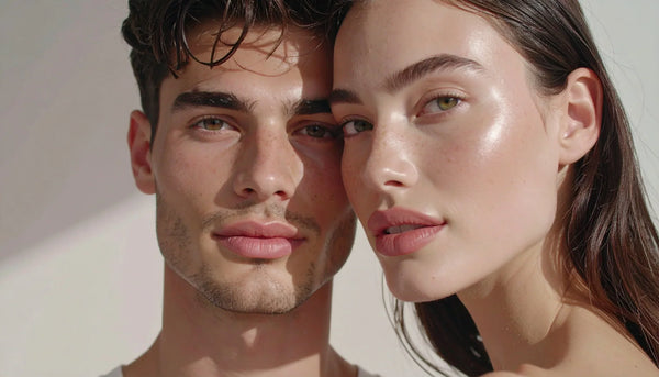 Young man and woman in their 20s and 30s with glowing skin in natural light, representing prevention-focused skincare.