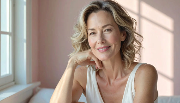 Confident woman in her 50s with glowing, healthy skin in natural daylight, representing radiant skincare