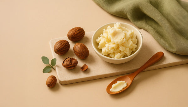 Bowl of shea butter on a stone board with whole and cracked shea nuts, wooden spoon, and sage-green linen on a beige backdrop.