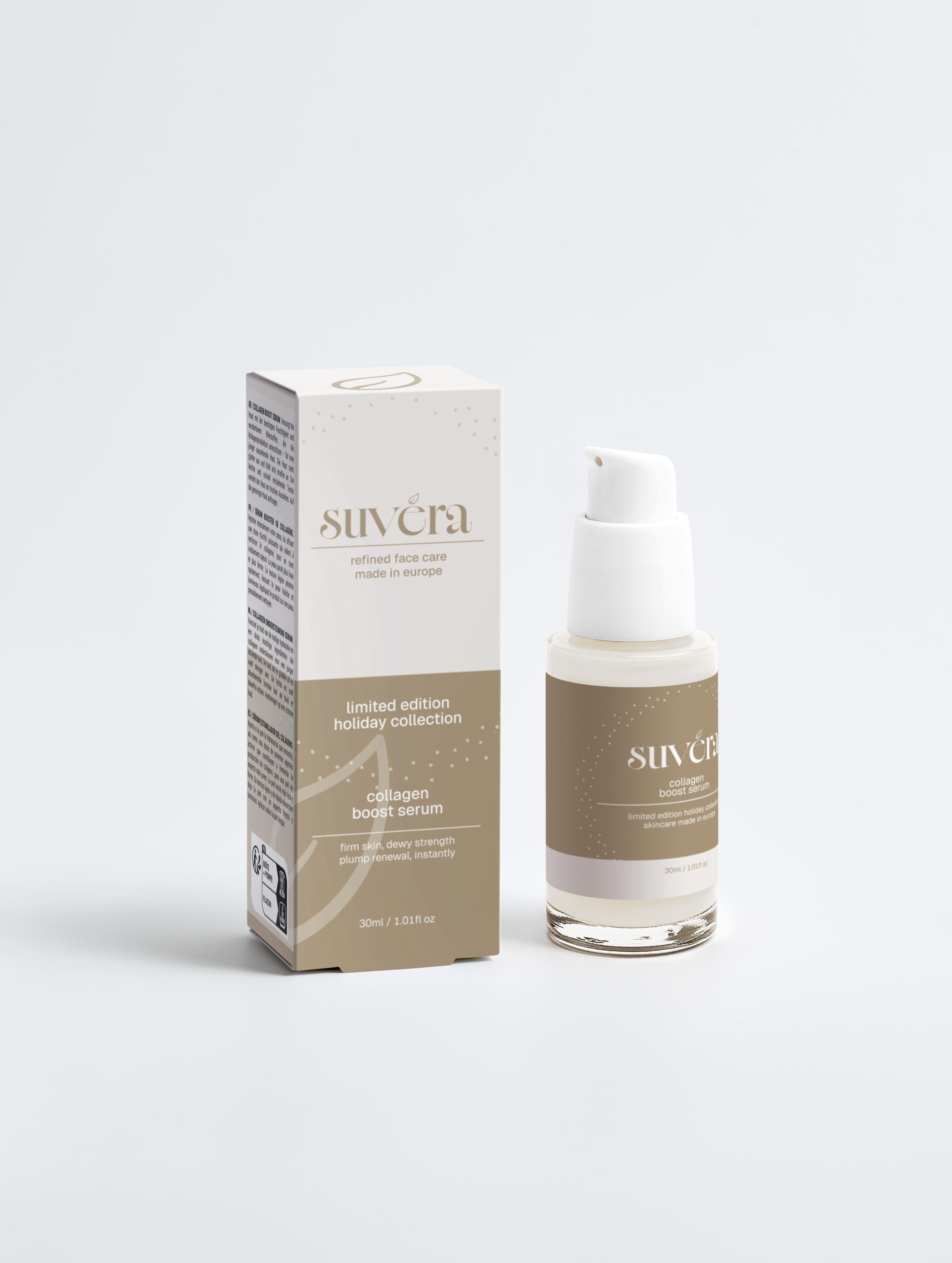 Suvéra skincare bottle placed beside its matching product box on a white background