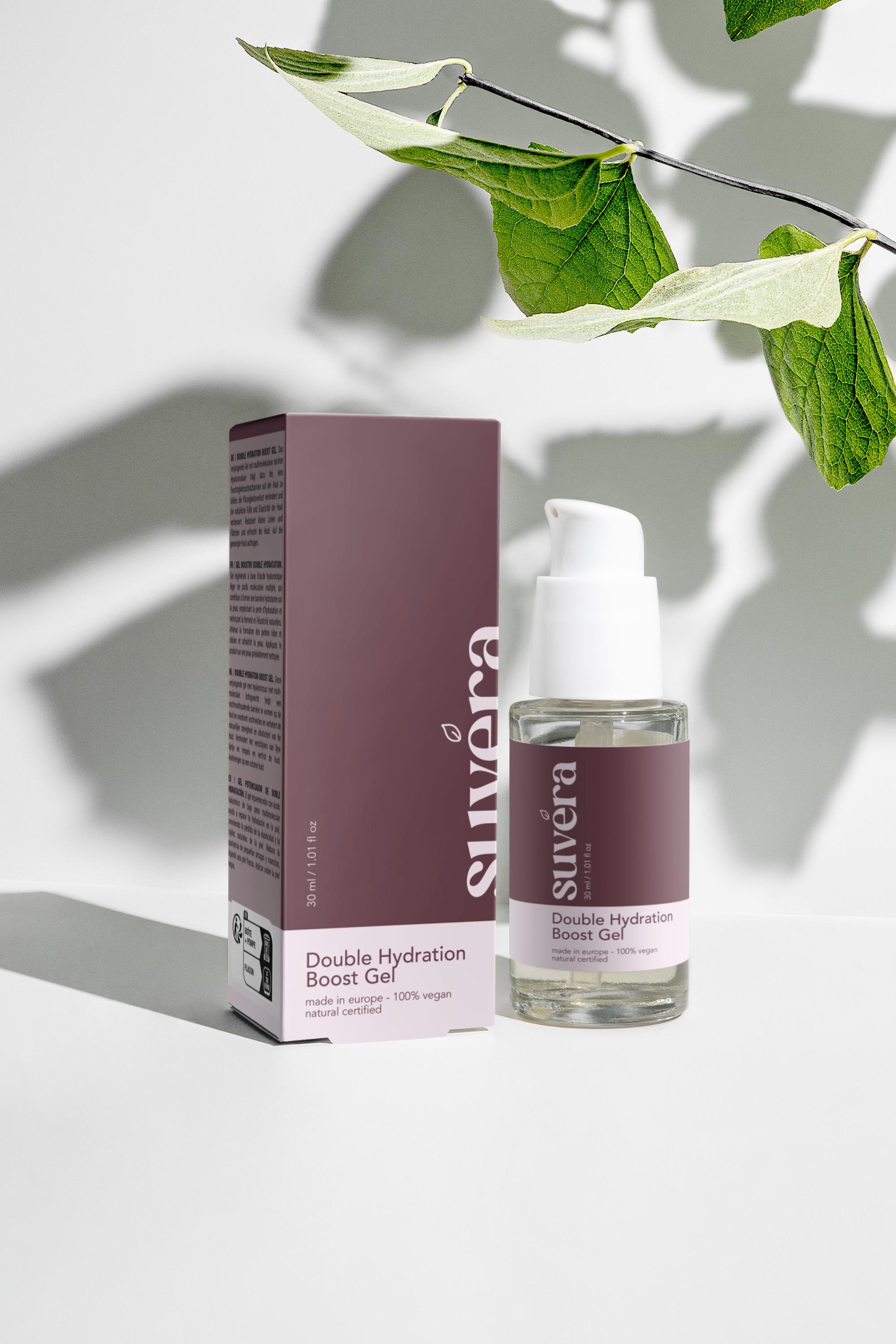 Flat lay of Suvera Double Hydration Boost Gel with skincare tools