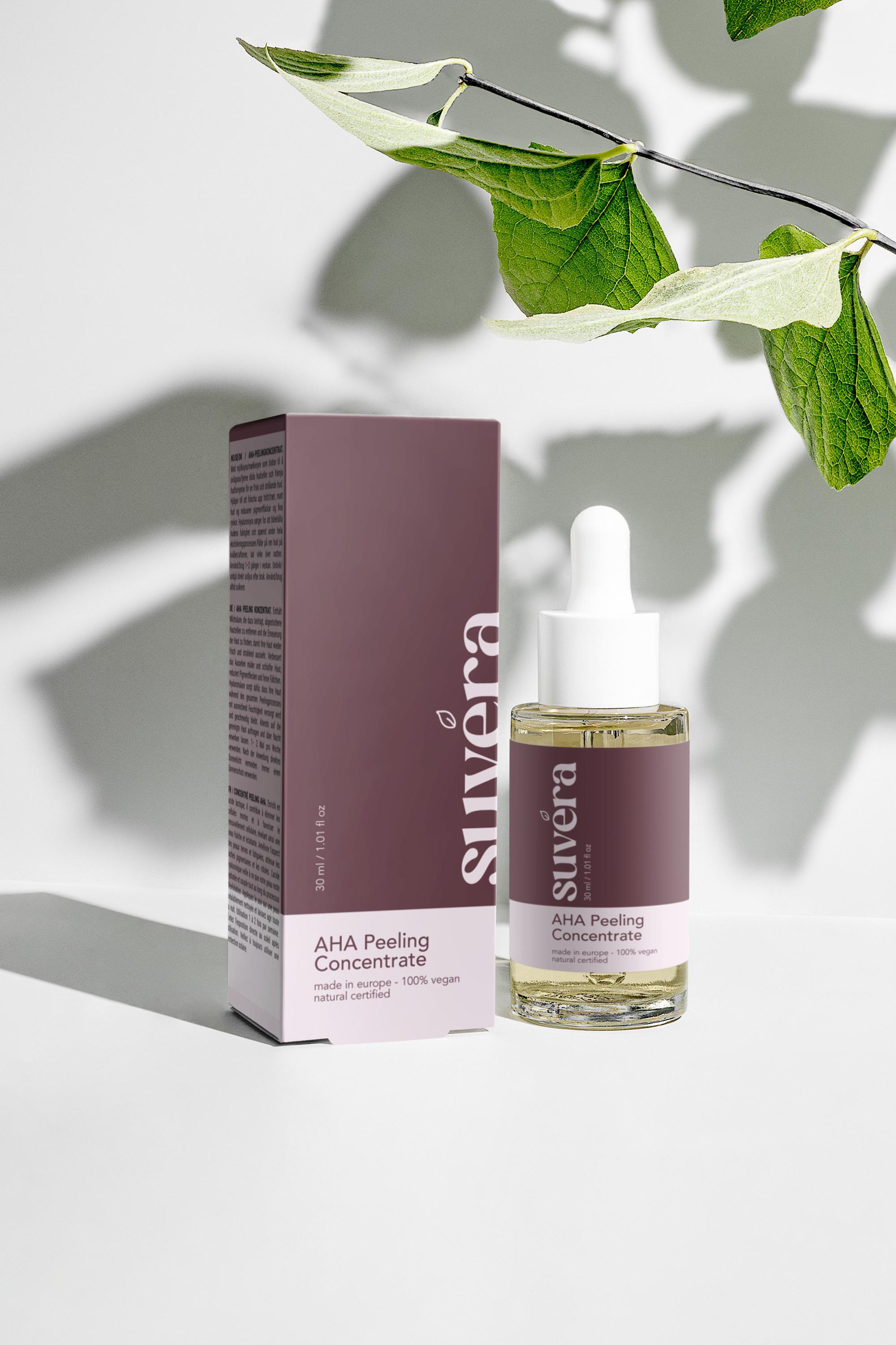 Suvera AHA Peeling Concentrate, a vegan and gluten-free skincare product designed to brighten and hydrate with Lactic Acid and Hyaluronic Acid.