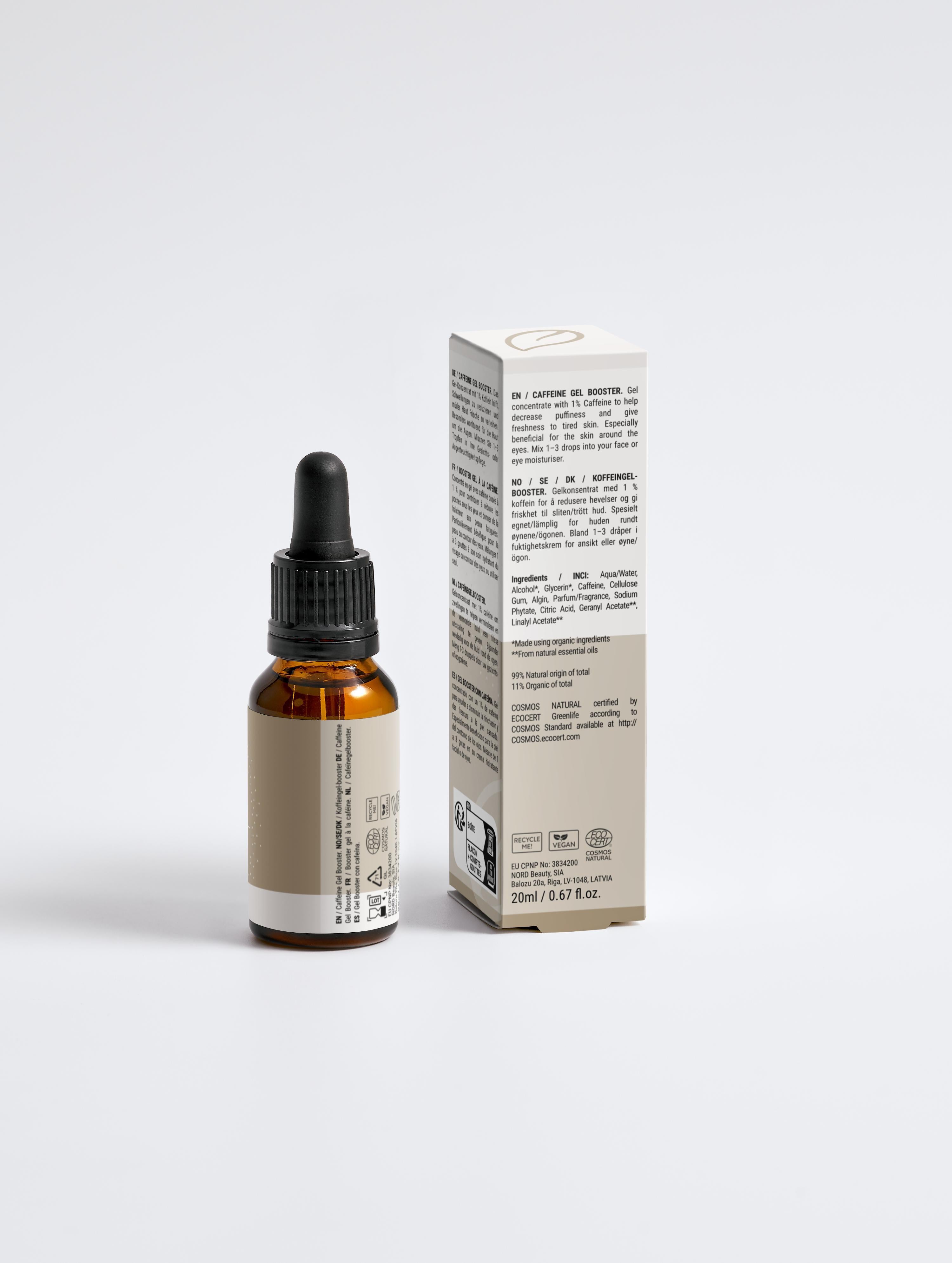 Bottle of liquid with dropper and its packaging on a white background