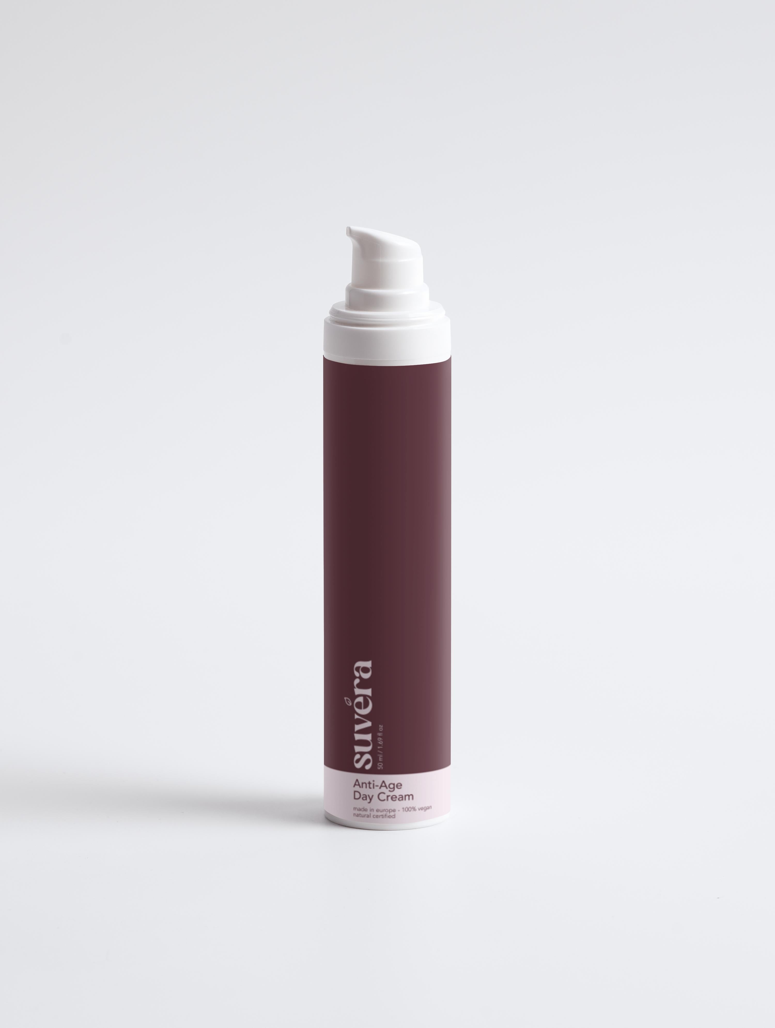 Minimalist product shot of Suvera Anti-Age Day Cream with natural light