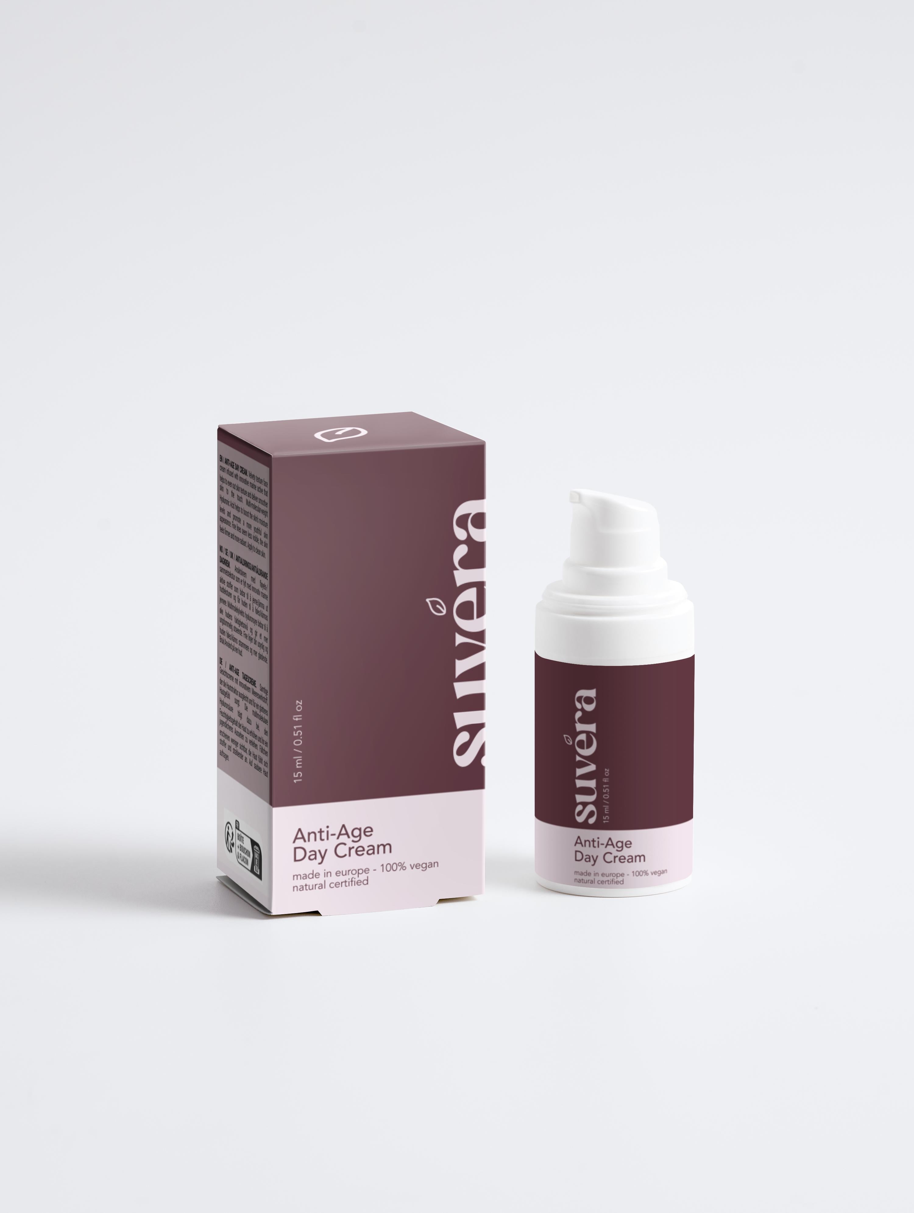 Suvera Anti-Age Day Cream shown in a sleek glass jar on a marble vanity, perfect for luxury daily face care routines