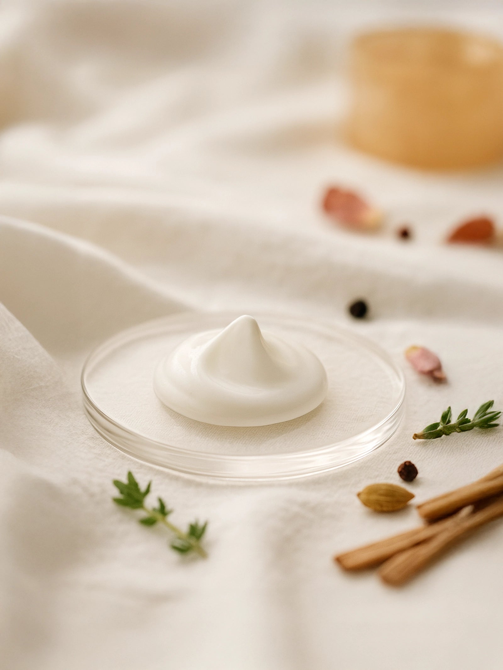 White cream on a clear plate with cinnamon sticks and herbs on a white cloth background Suvéra Self Care body serum—silky white dollop on a clear glass dish over soft cream cloth, eye-level, airy lighting.