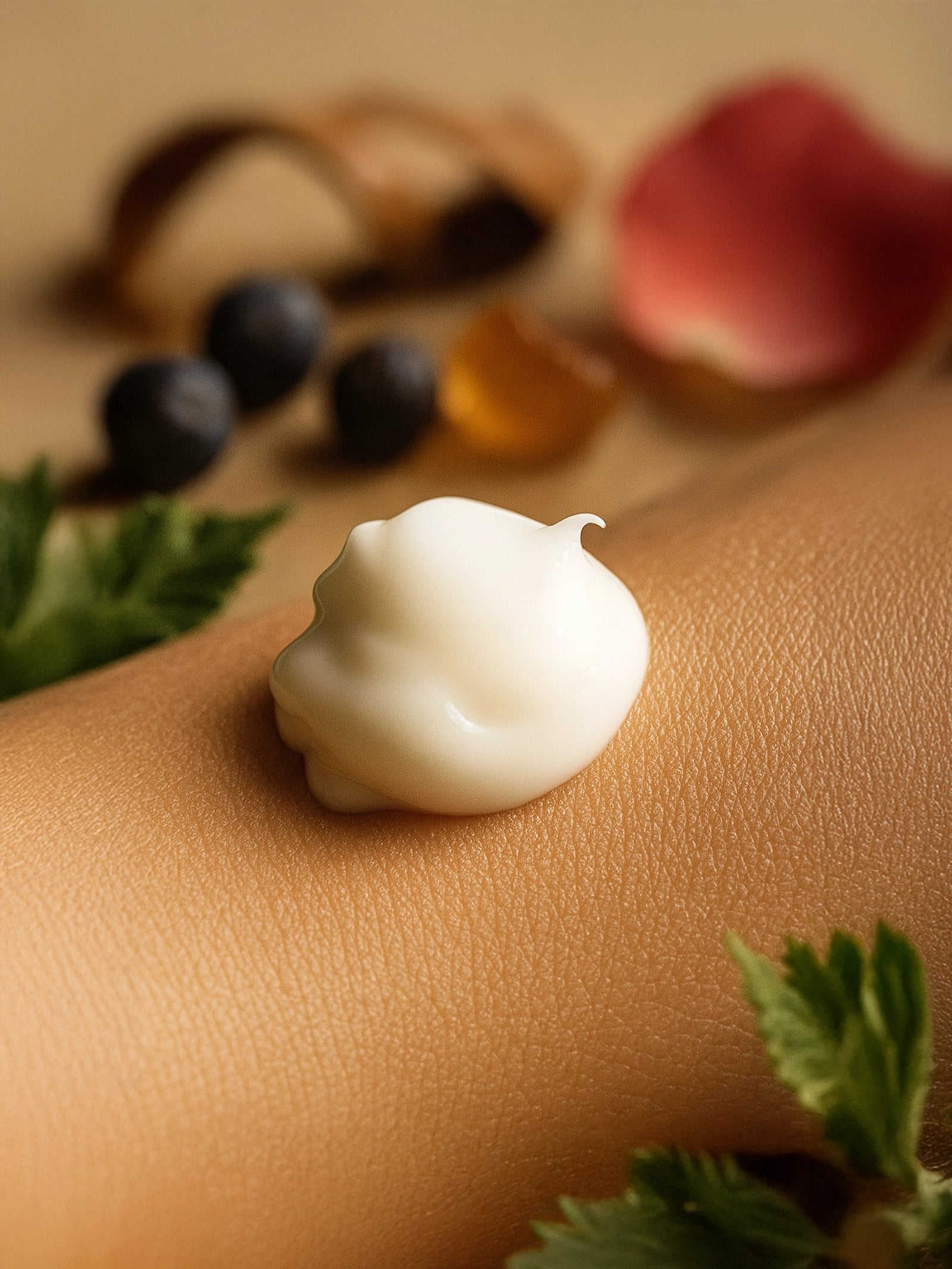 Whipped cream on a person's hand with fruits and leaves in the background Macro shot of a glossy dollop of hand cream on skin, with blurred juniper berries, amber resin, and a rose petal in the warm-toned background.