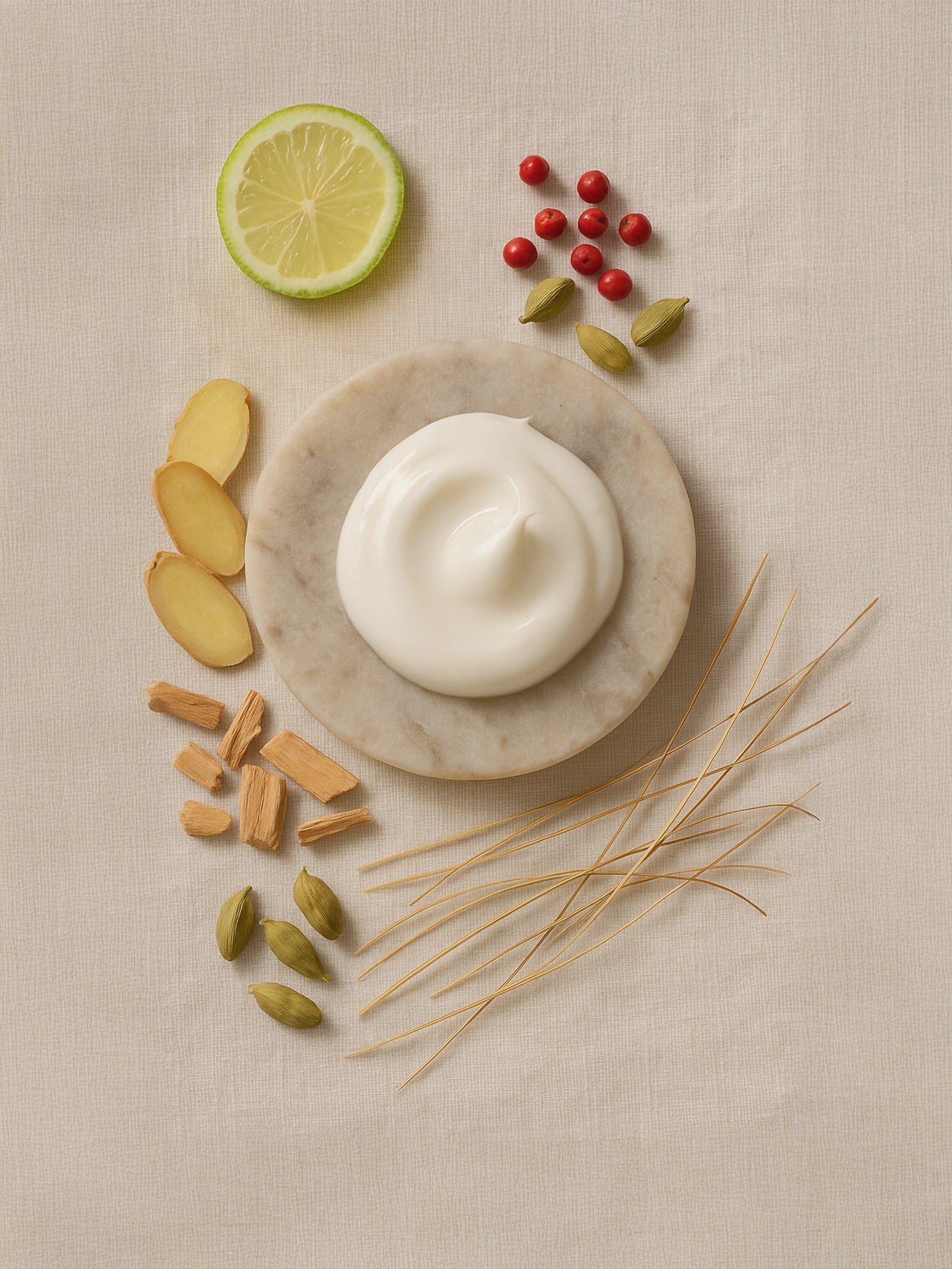 Swirl of white hand cream on round stone, surrounded by lime slice, lemon zest, pink peppercorns, cardamom, ginger, sandalwood, and vetiver on beige linen.
