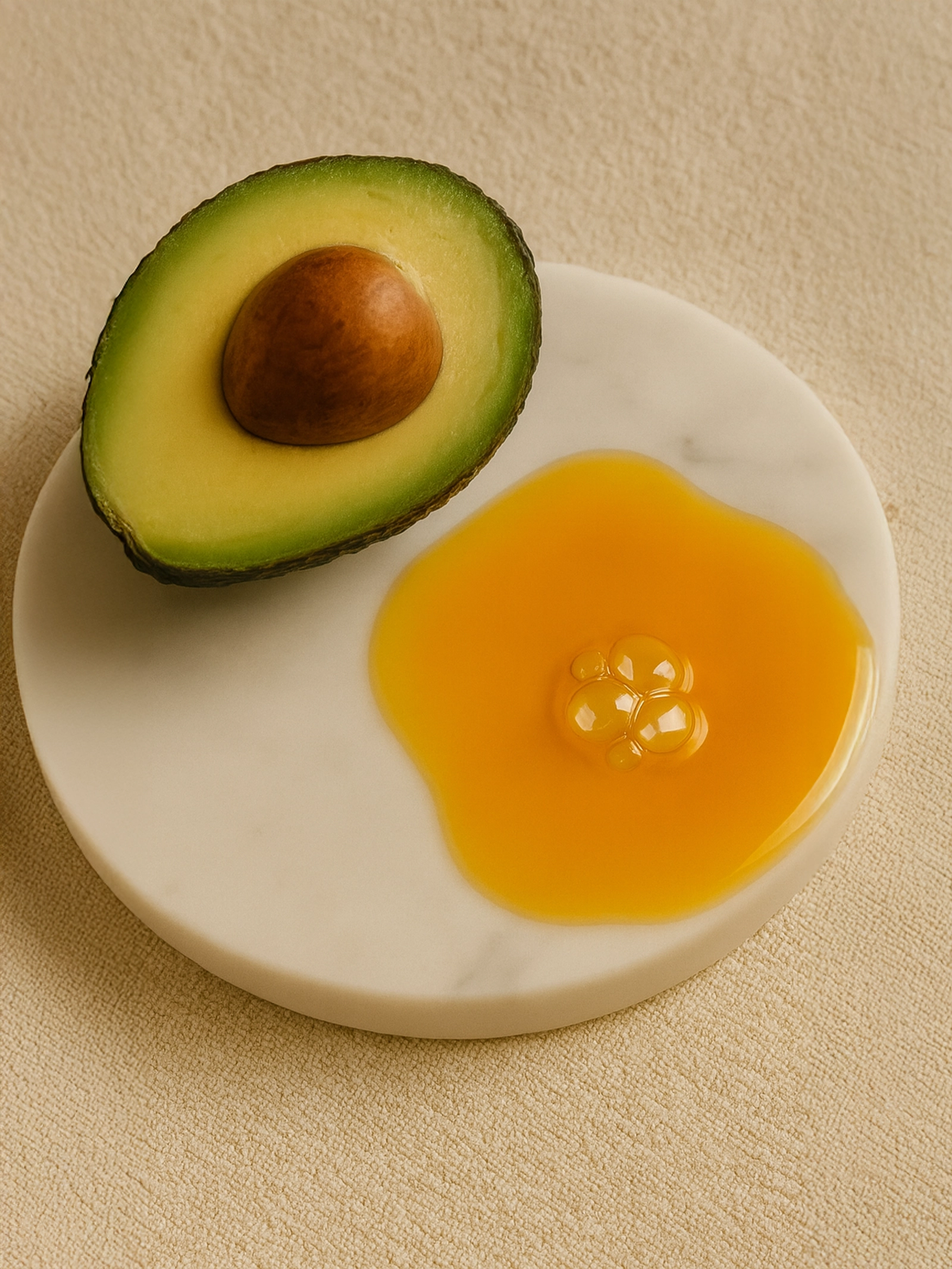 Half of an avocado on a white plate with a yellow fruit on a beige background Nourishing Facial Oil
