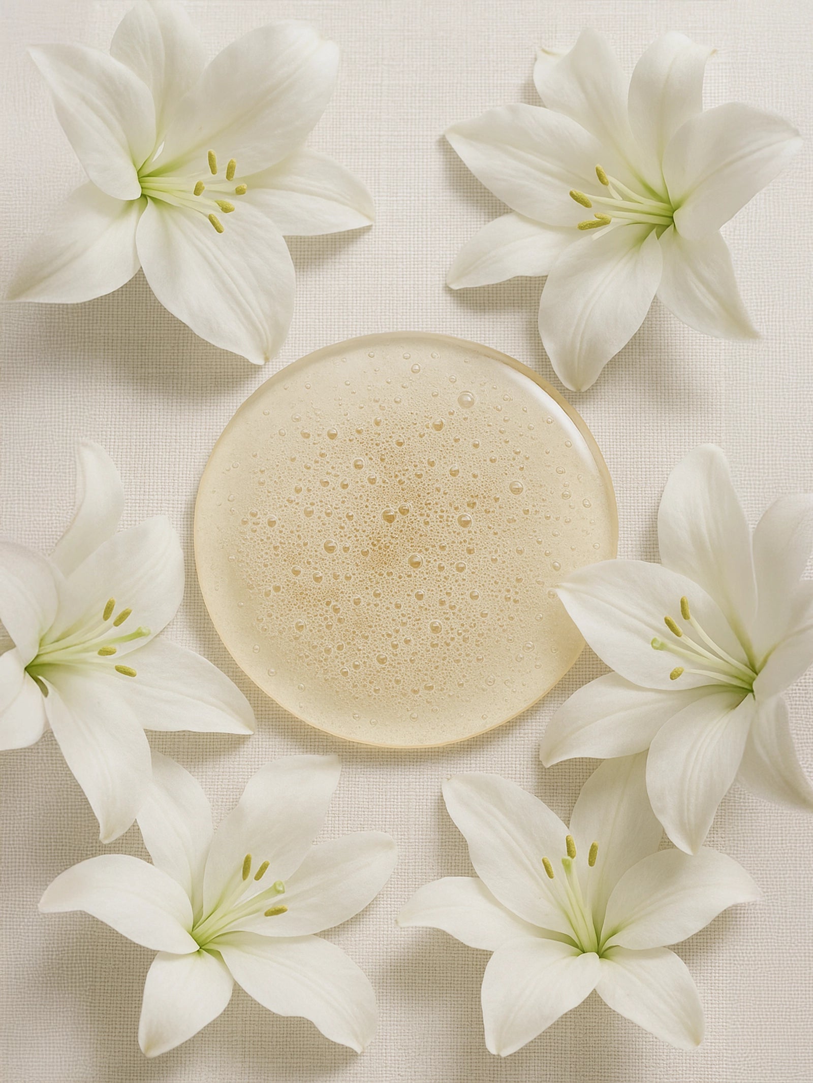 Bar of soap with lily flowers on a light background Golden shampoo droplet on off-white linen, surrounded by white lilies; top-down product flat lay.