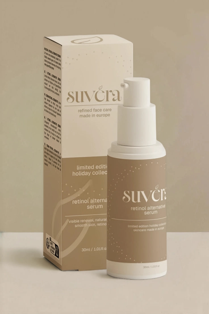 Retreat skincare bottle with box accompanied on creamy brown background 'Suvera' labeled