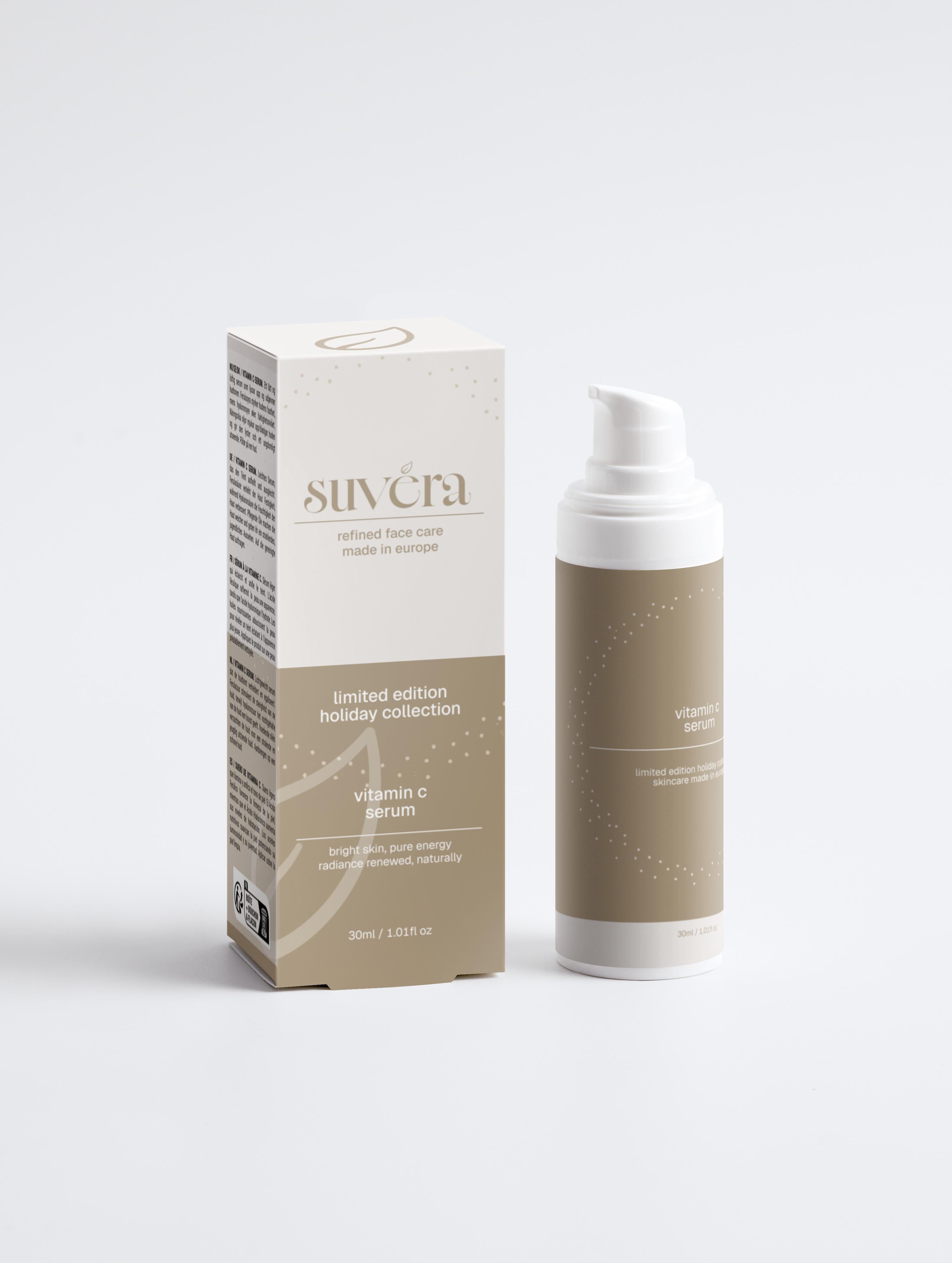 Suvera vitamin C serum with packaging on a white background