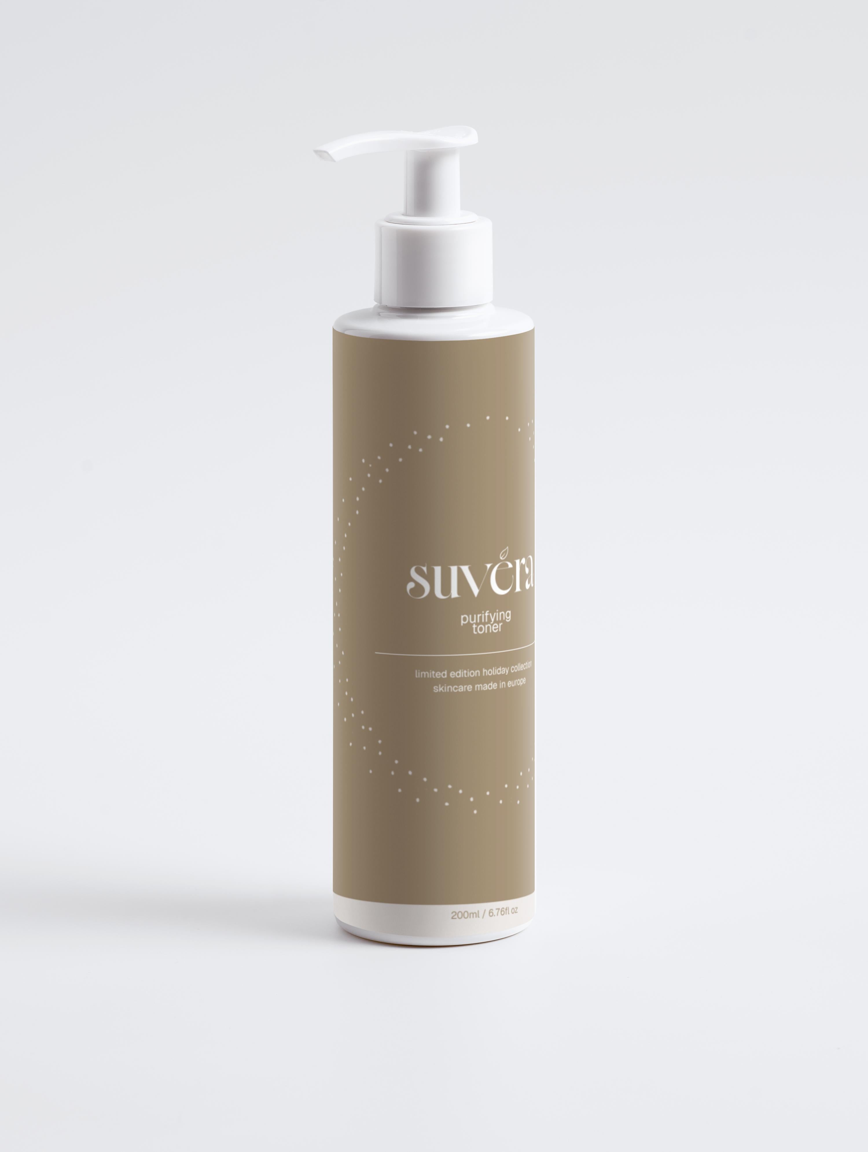 Front-facing Suvéra skincare pump bottle on a clean white background.