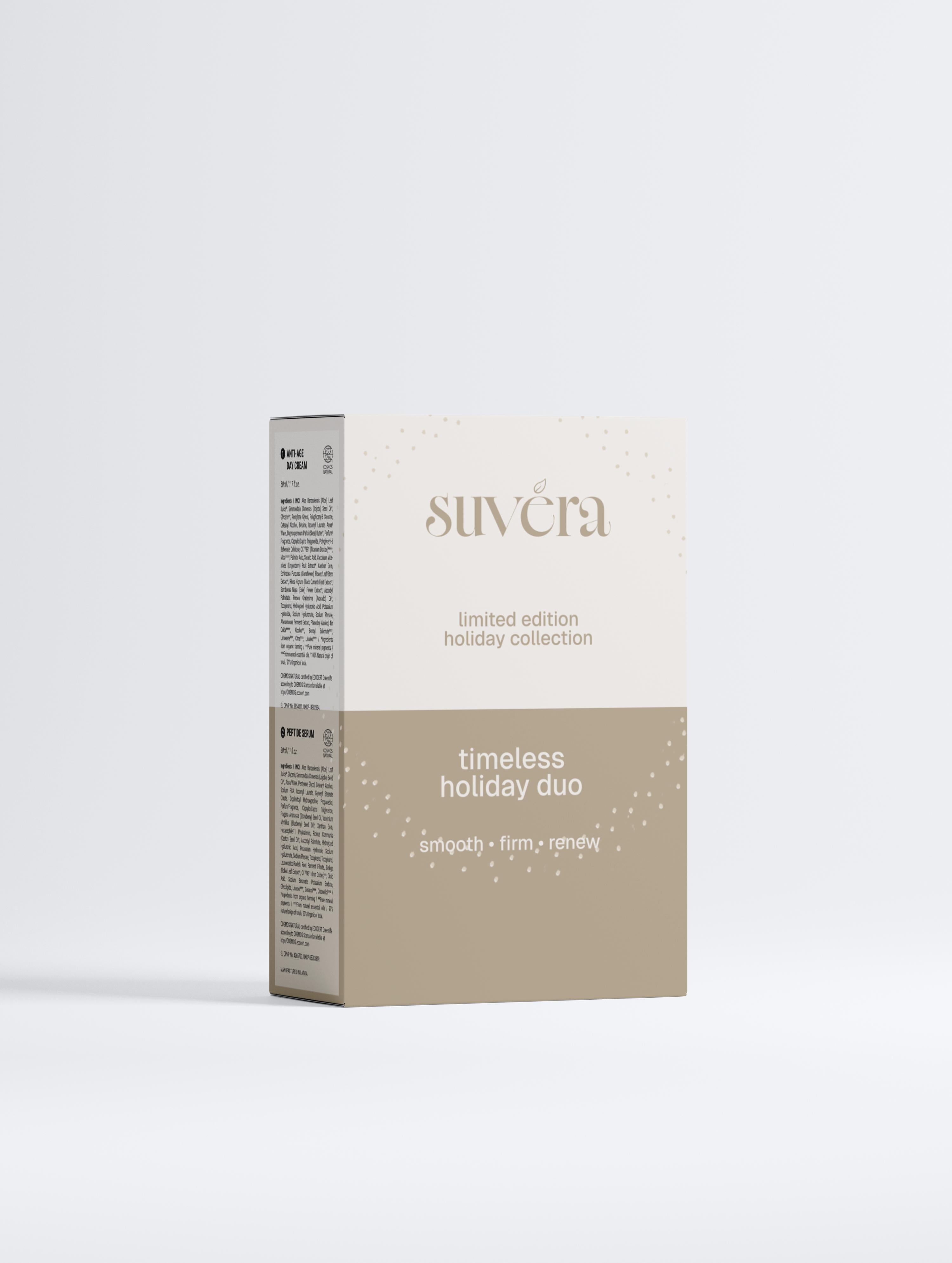 Suvera timeless holiday duo packaging on a white background