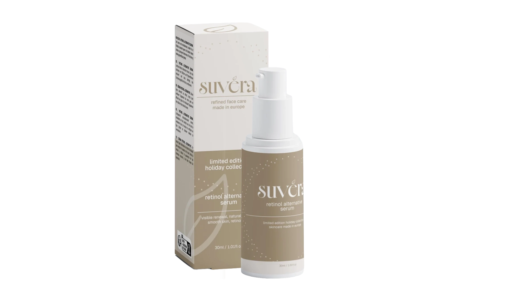 Skincare bottle and box Suvera labeled 