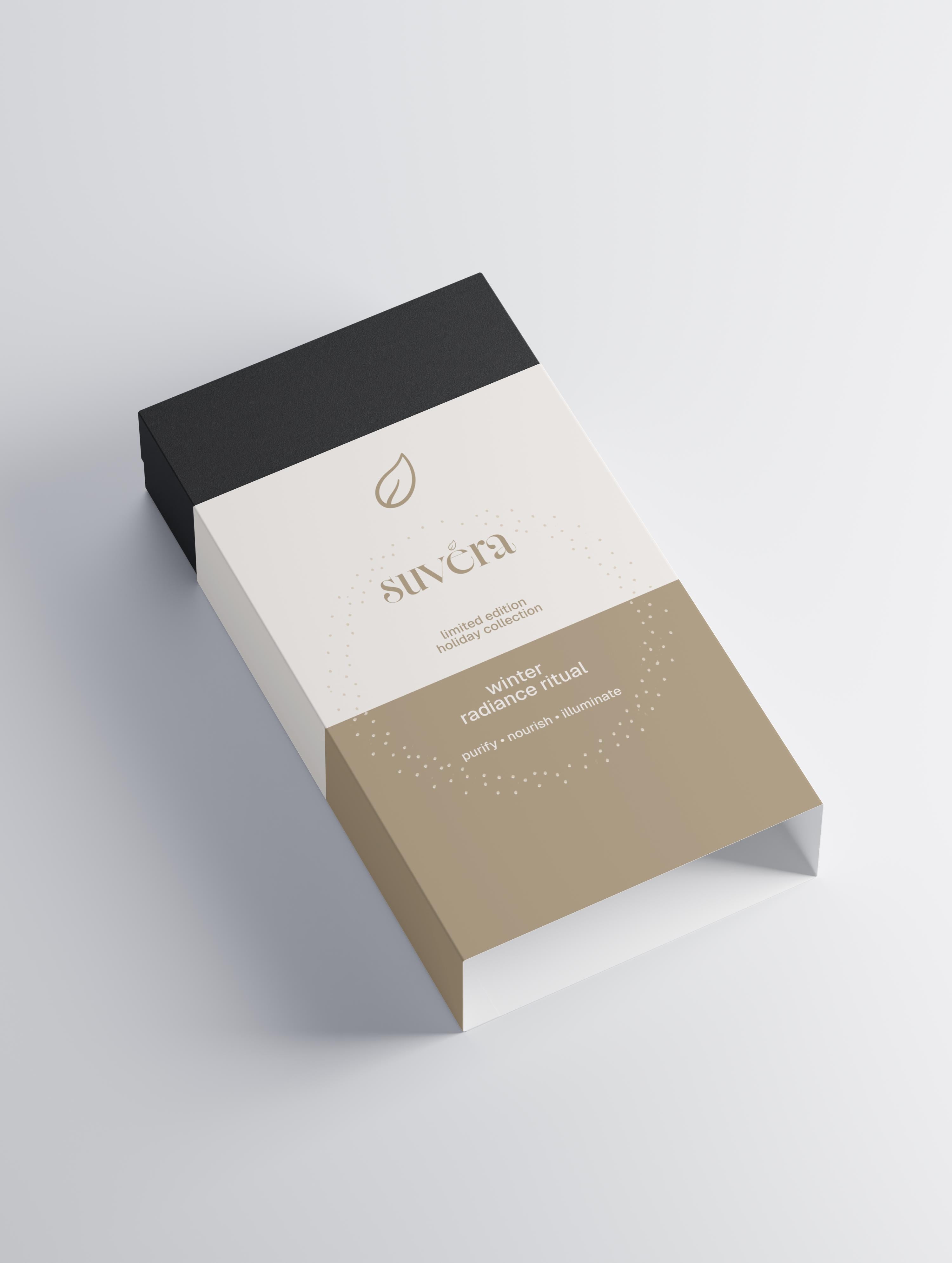Product packaging with 'Nuxe' branding on a light gray background for Suvera