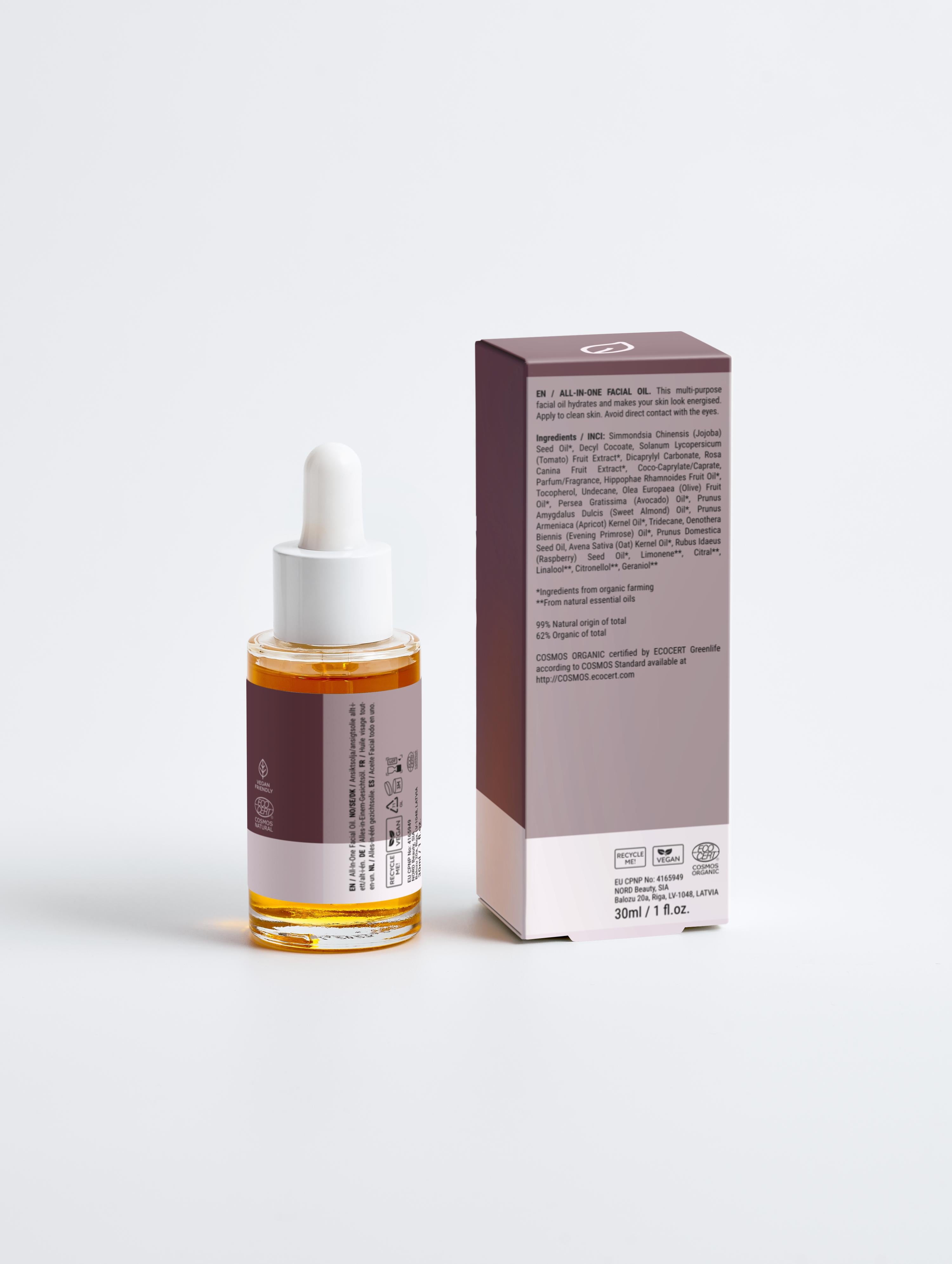 Flat lay of Suvera facial oil with floral and citrus elements for a fresh vibe