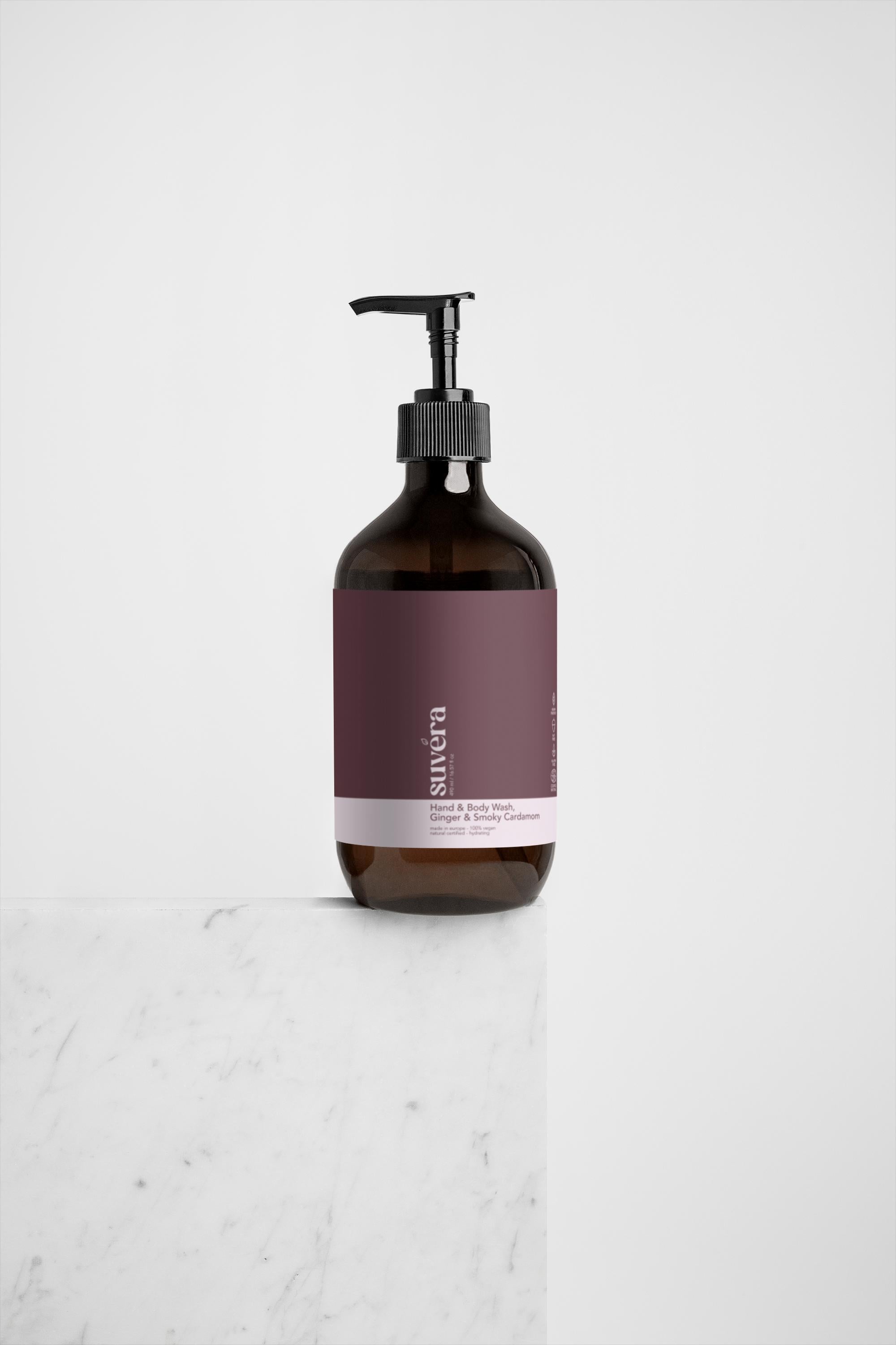 Suvéra Hand & Body Wash – Ginger & Smoky Cardamom in amber bottle
