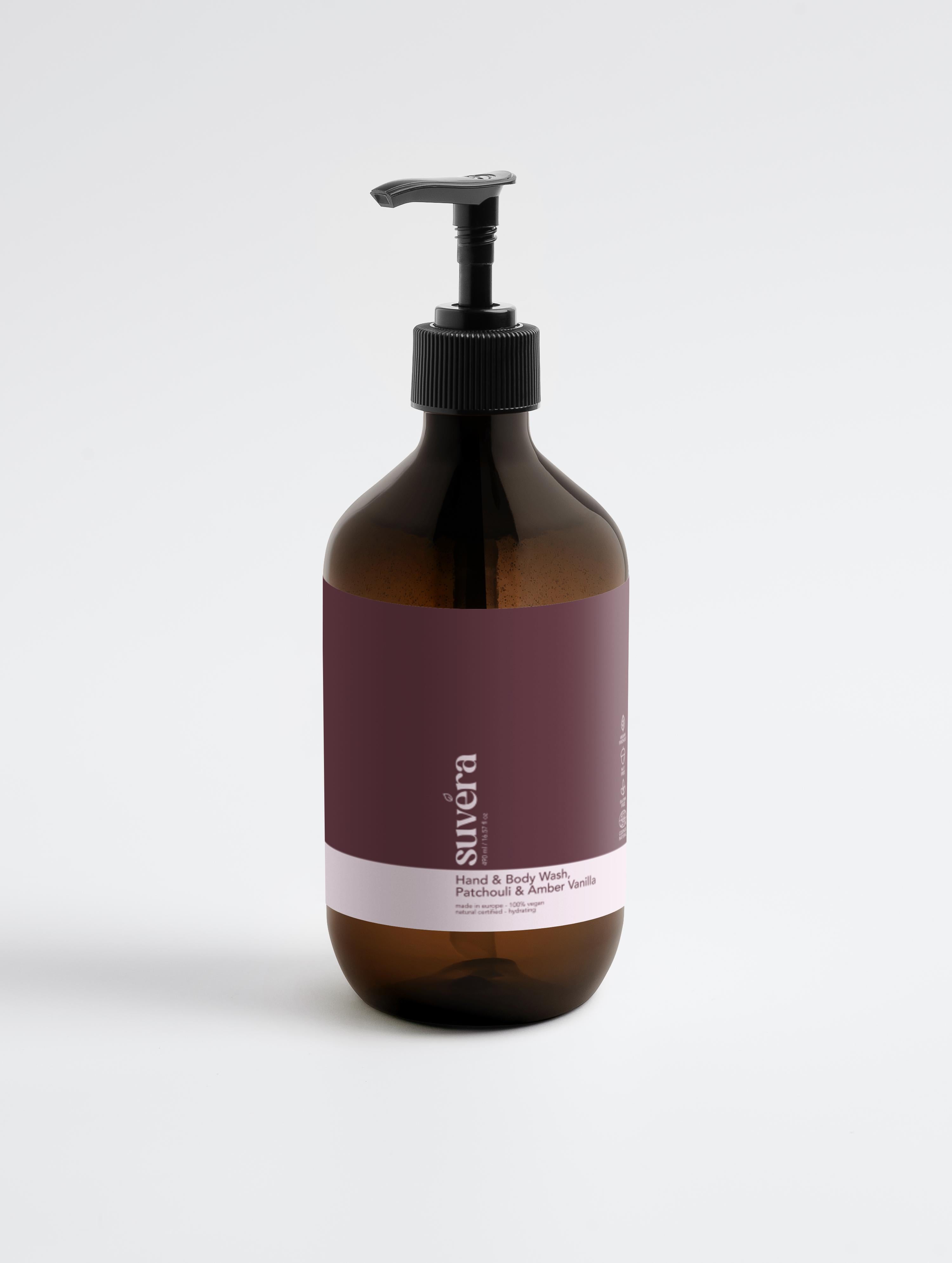 Suvéra Patchouli Amber Vanilla Body Wash in elegant amber bottle