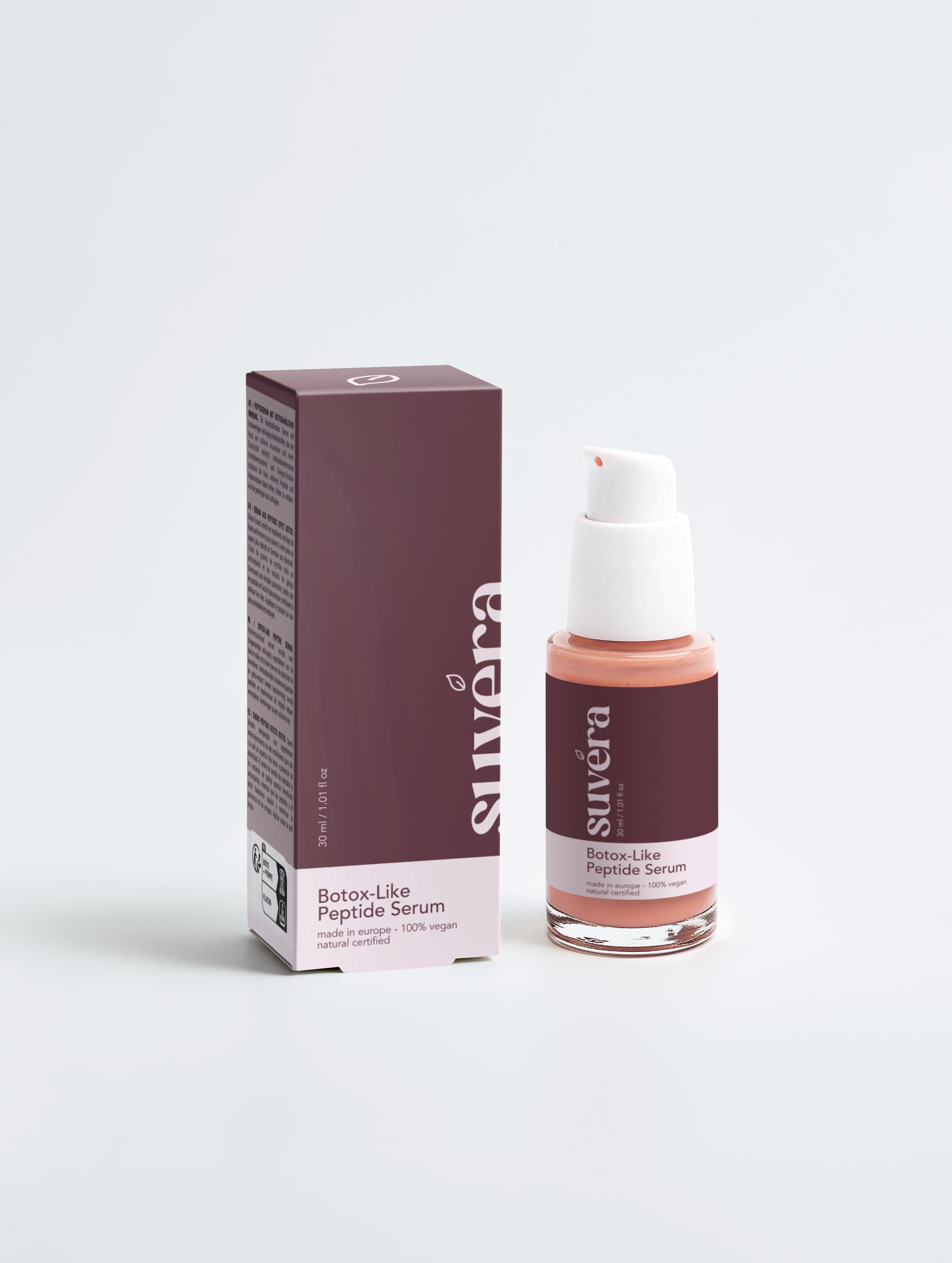 Elegant flat lay featuring Suvera Botox-Like Peptide Serum and natural skincare elements