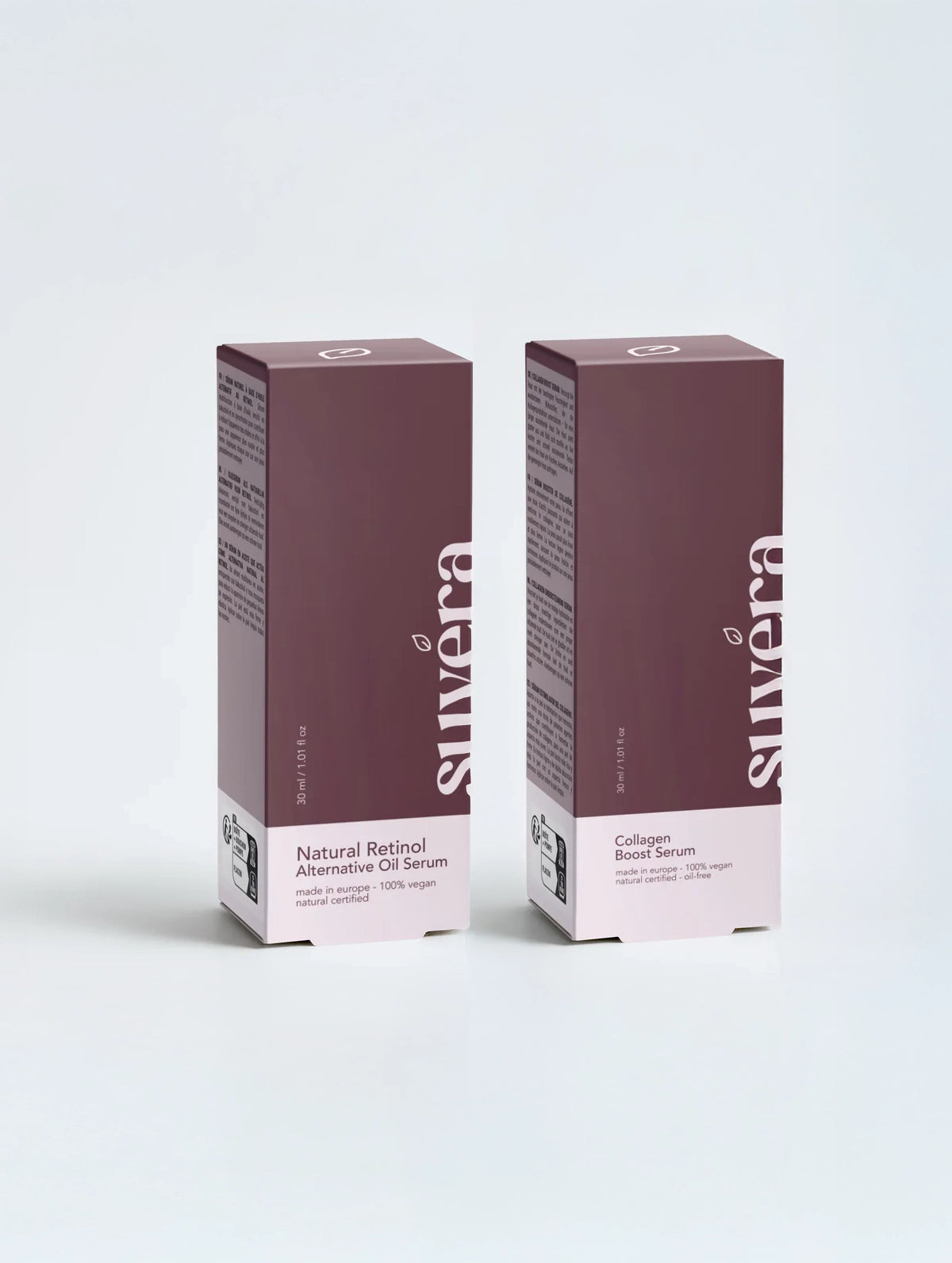 Two boxes of Silvera skincare products on a light gray background Collagen Boost Serum + Natural Retinol Alternative Oil Serum on a minimal backdrop, fast-absorbing, fragrance-free duo.