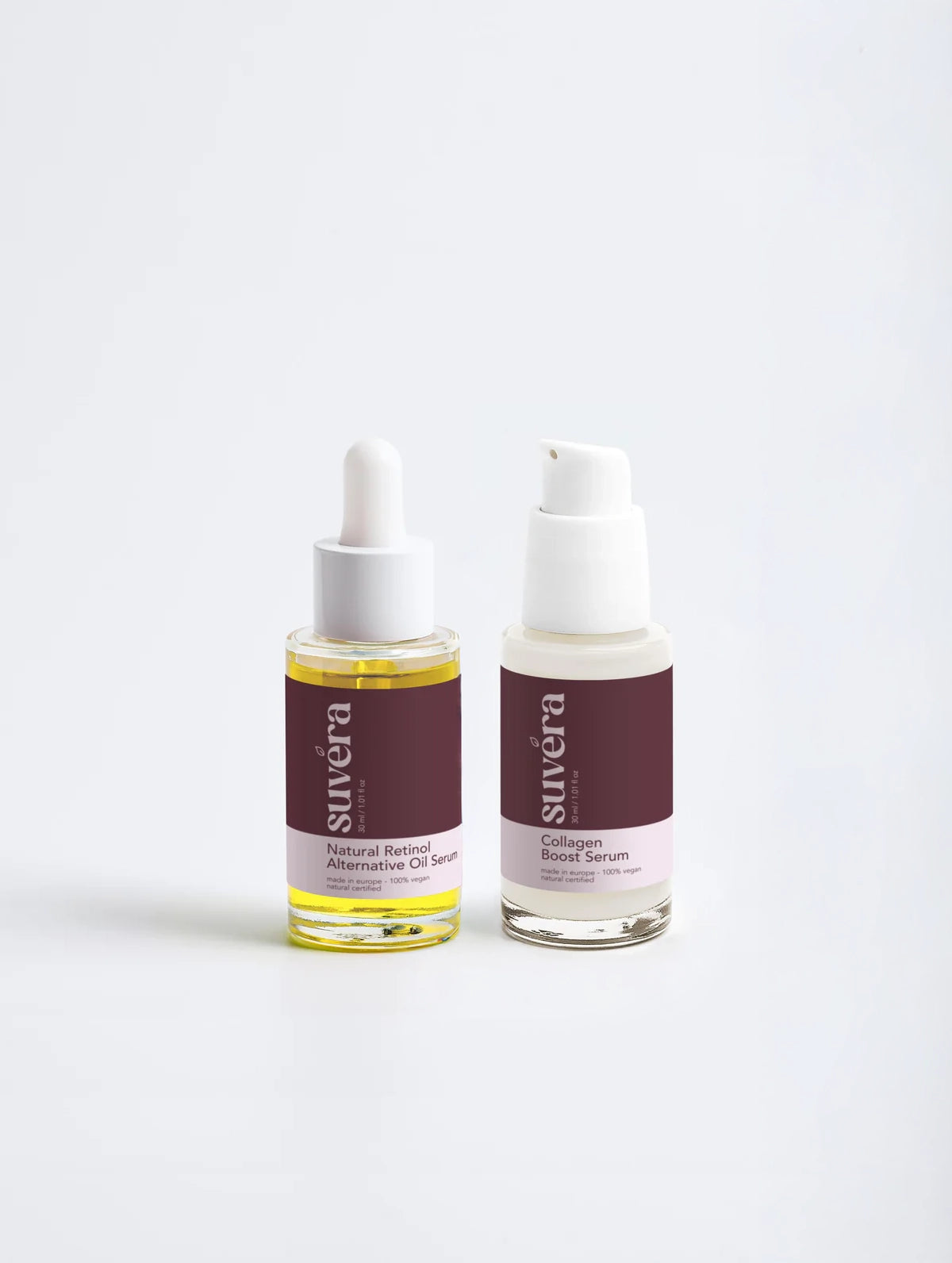 Two skincare serum bottles from the brand 'sulvera' on a white background The Weightless Duo by Suvéra — Natural Retinol Alternative Oil Serum and Collagen Boost Serum, lightweight layerable skincare.