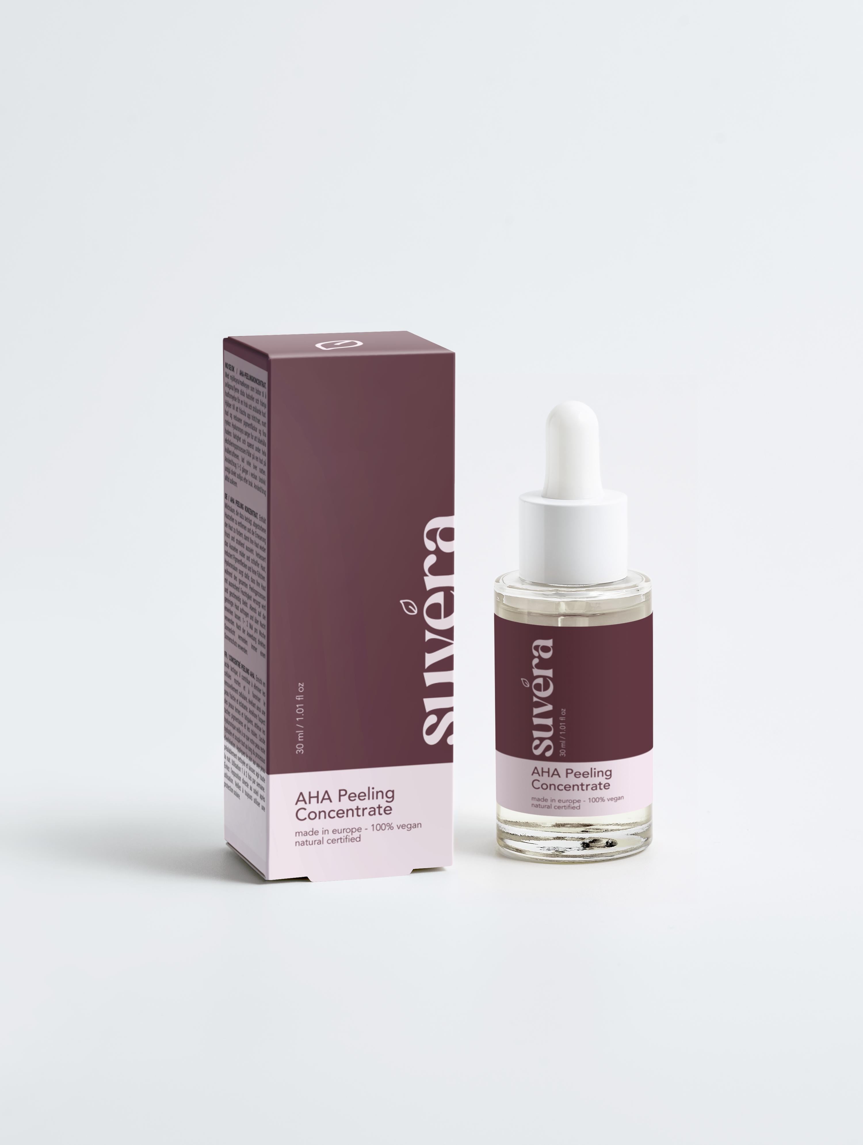 Suvera AHA Peeling Concentrate, a potent exfoliating formula for smoother and brighter skin, targeting blemishes and dark spots.