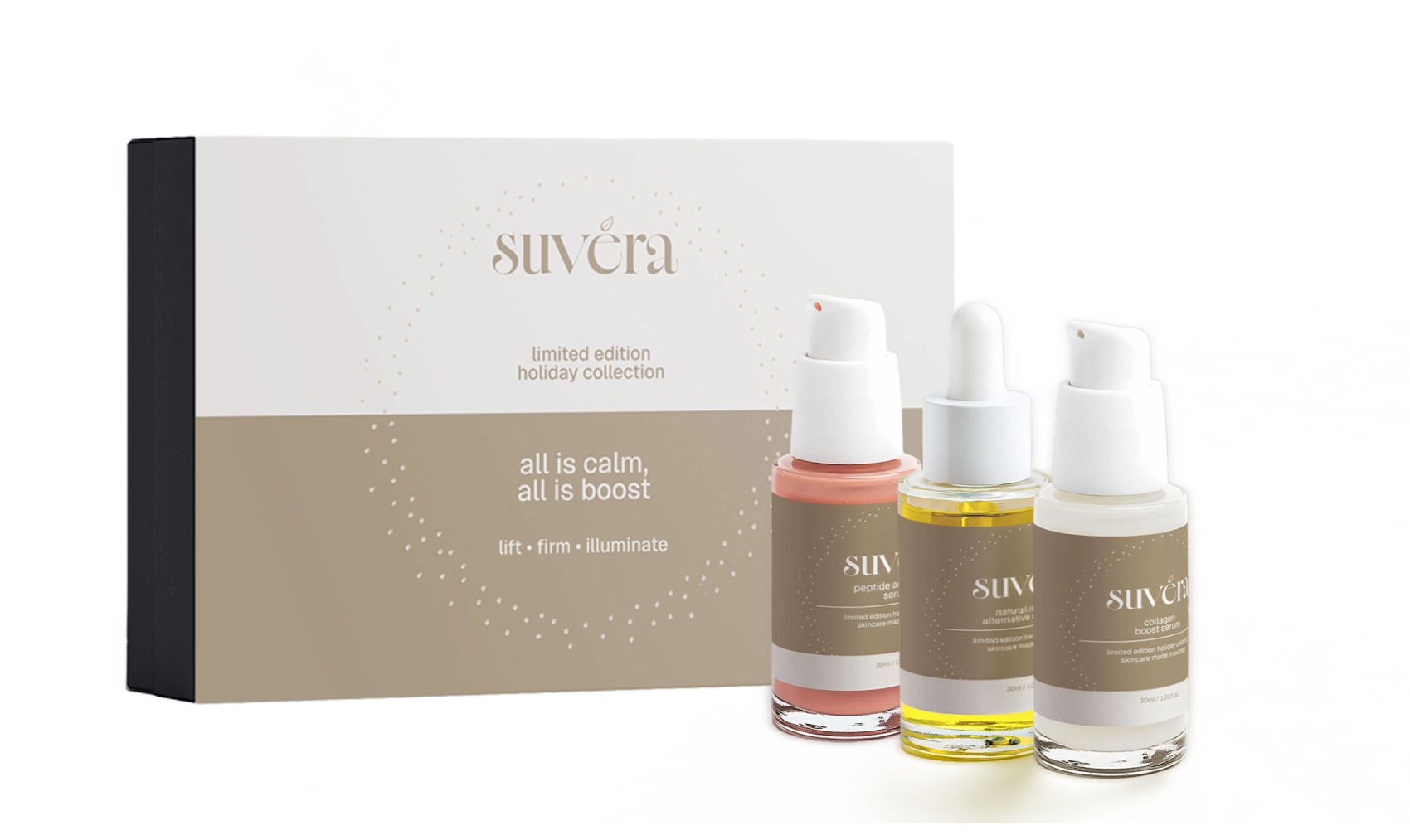 Suvéra skincare bottle displayed next to its product box in a soft, minimal setting