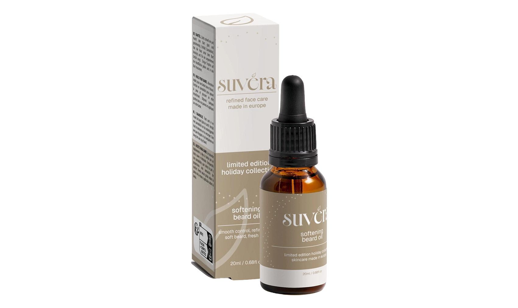 Suvera beard oil bottle and packaging on a white background