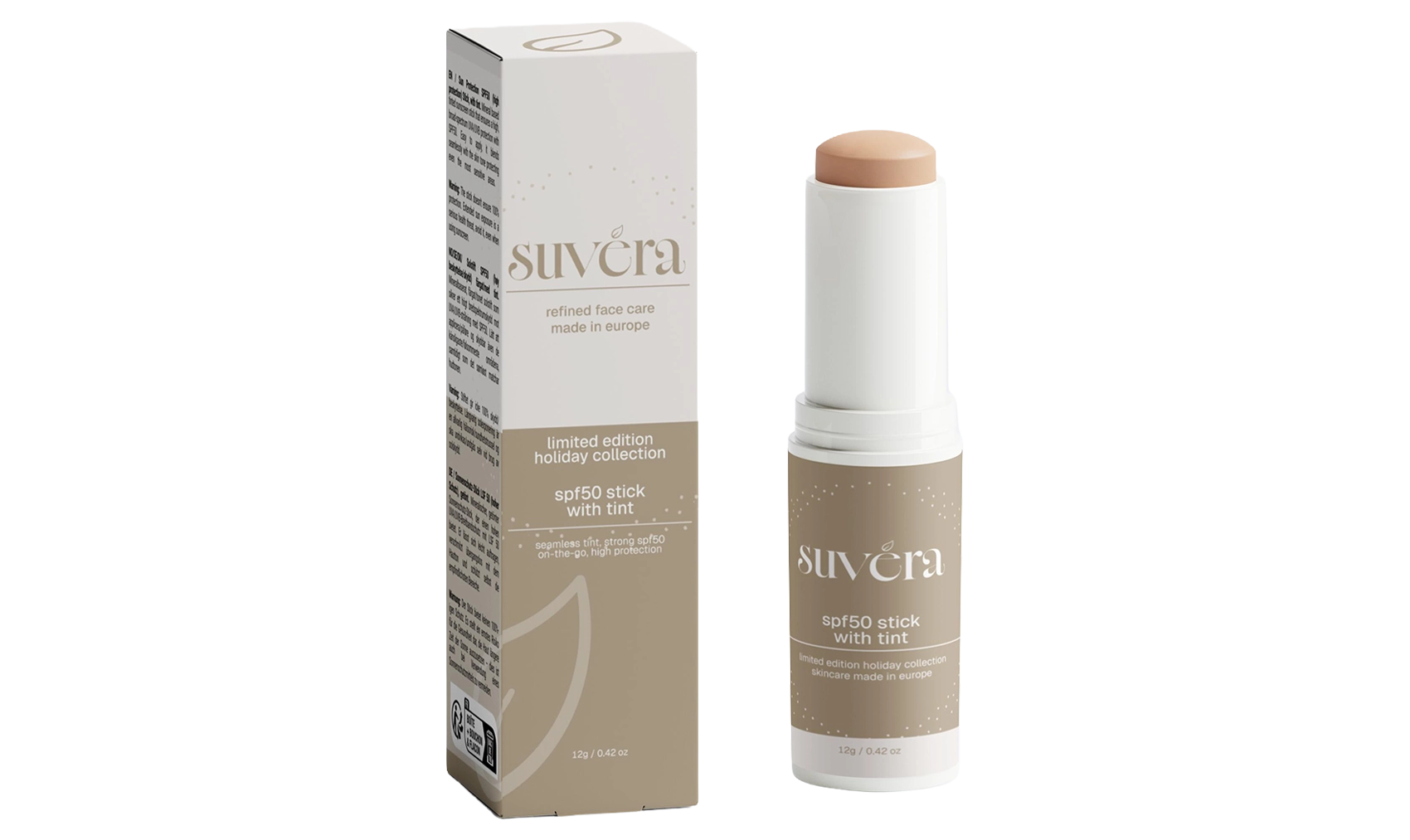 Suvera foundation stick and packaging on a white background