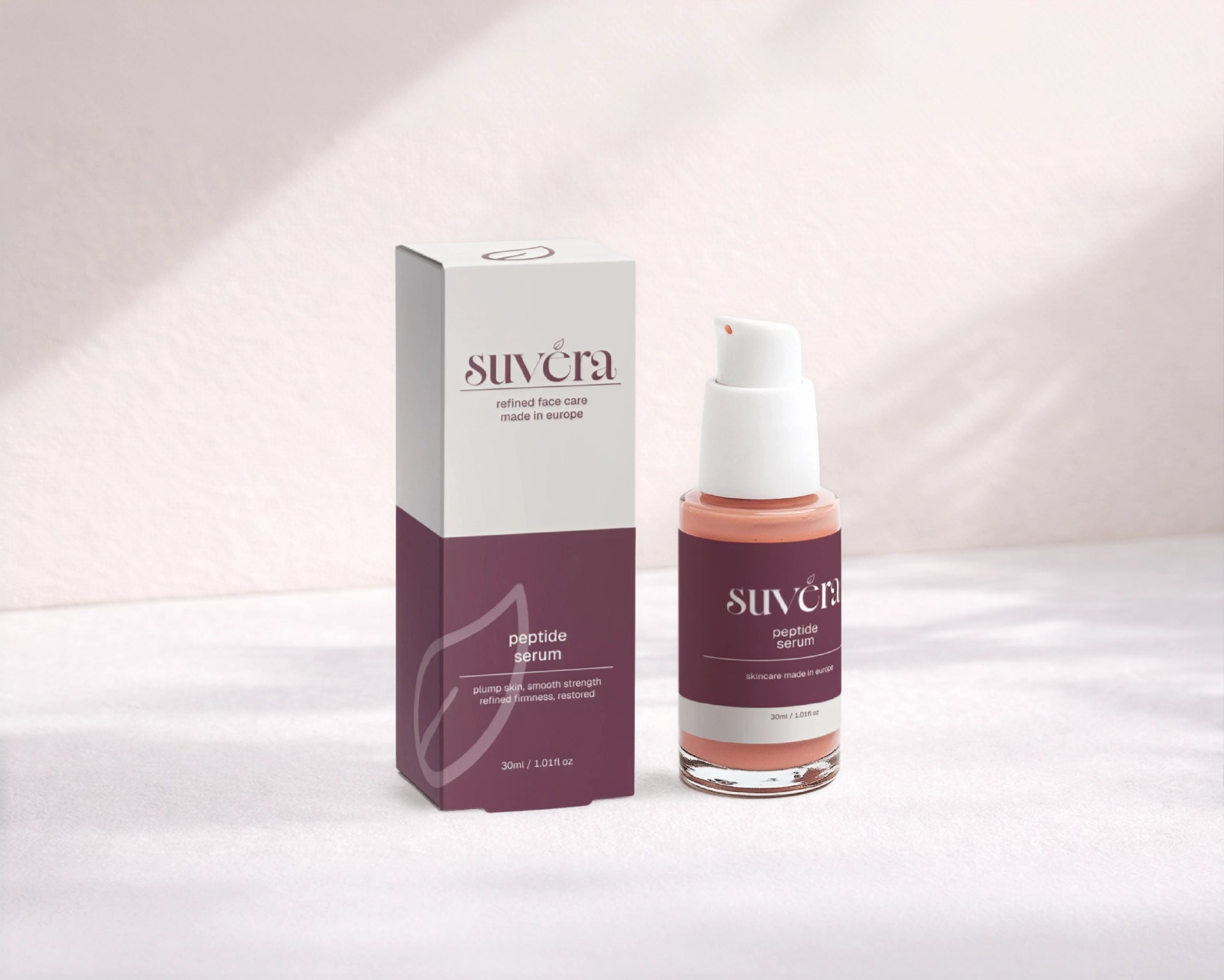 Suvena skincare bottle and box on a white background