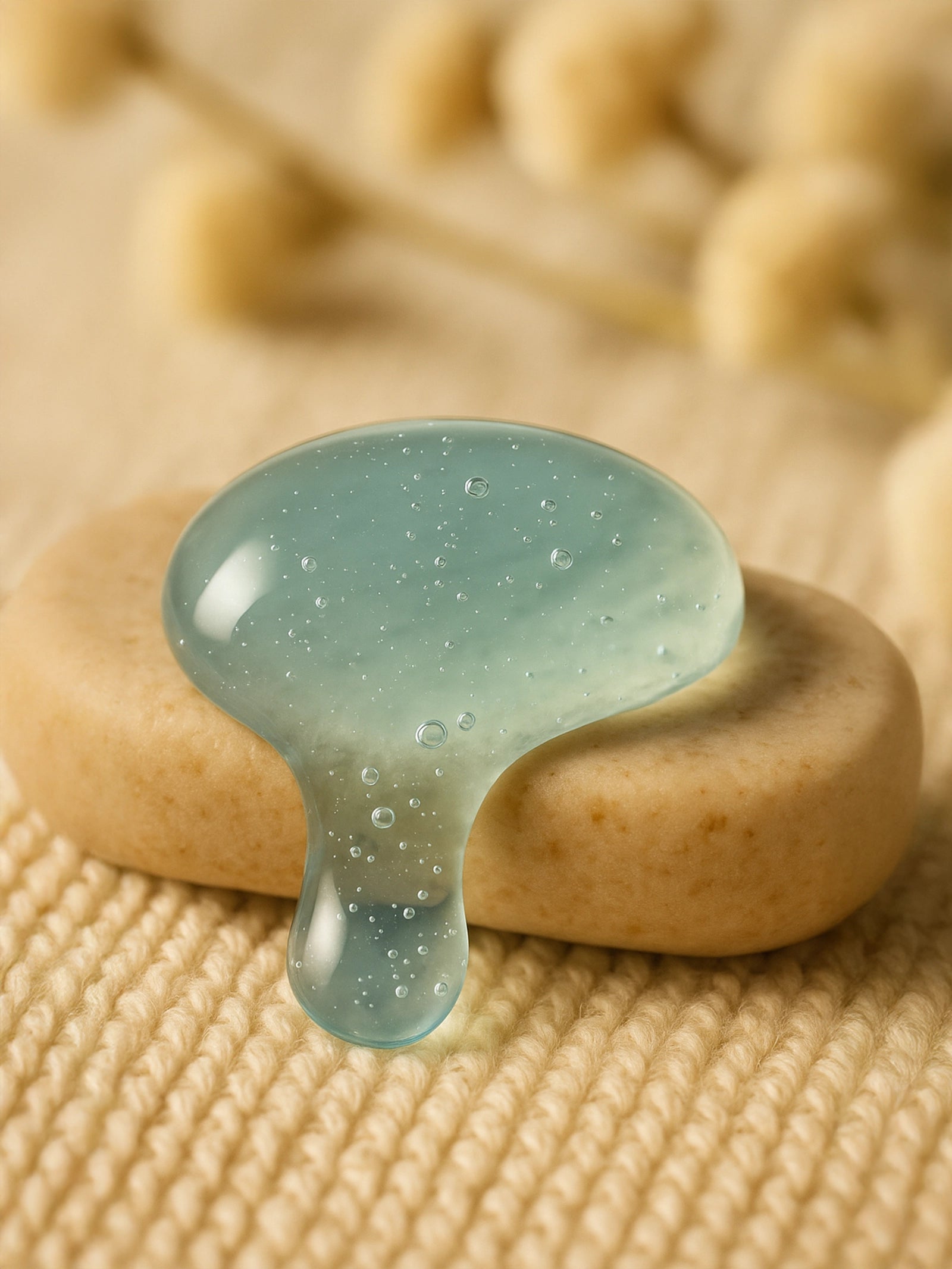 Clear gel-like substance on a textured beige surface with blurred natural elements in the background