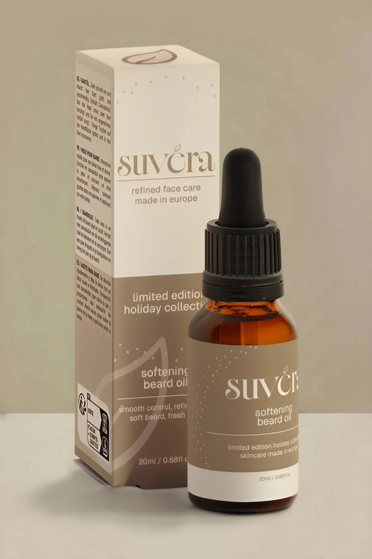 Suvéra beard oil product photographed standing against a neutral background