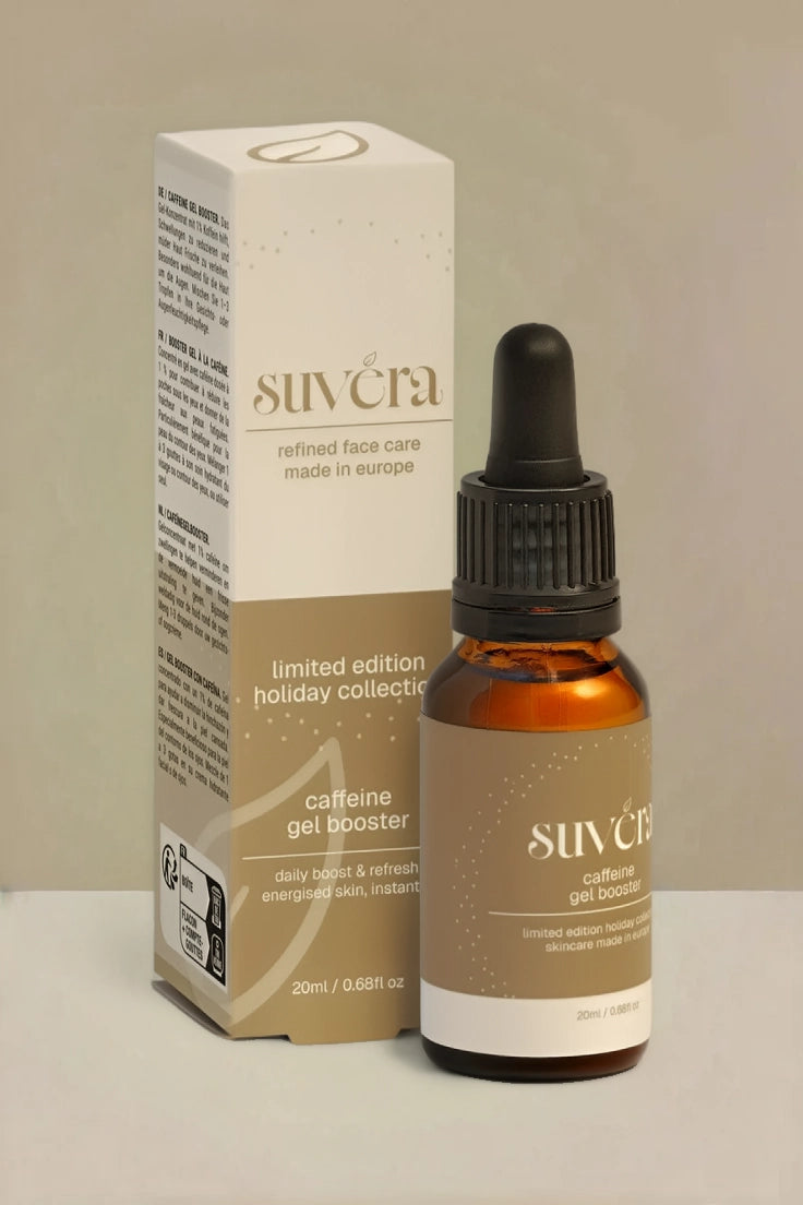 Suvera skincare bottle and box in a warm studio effect photoshoot