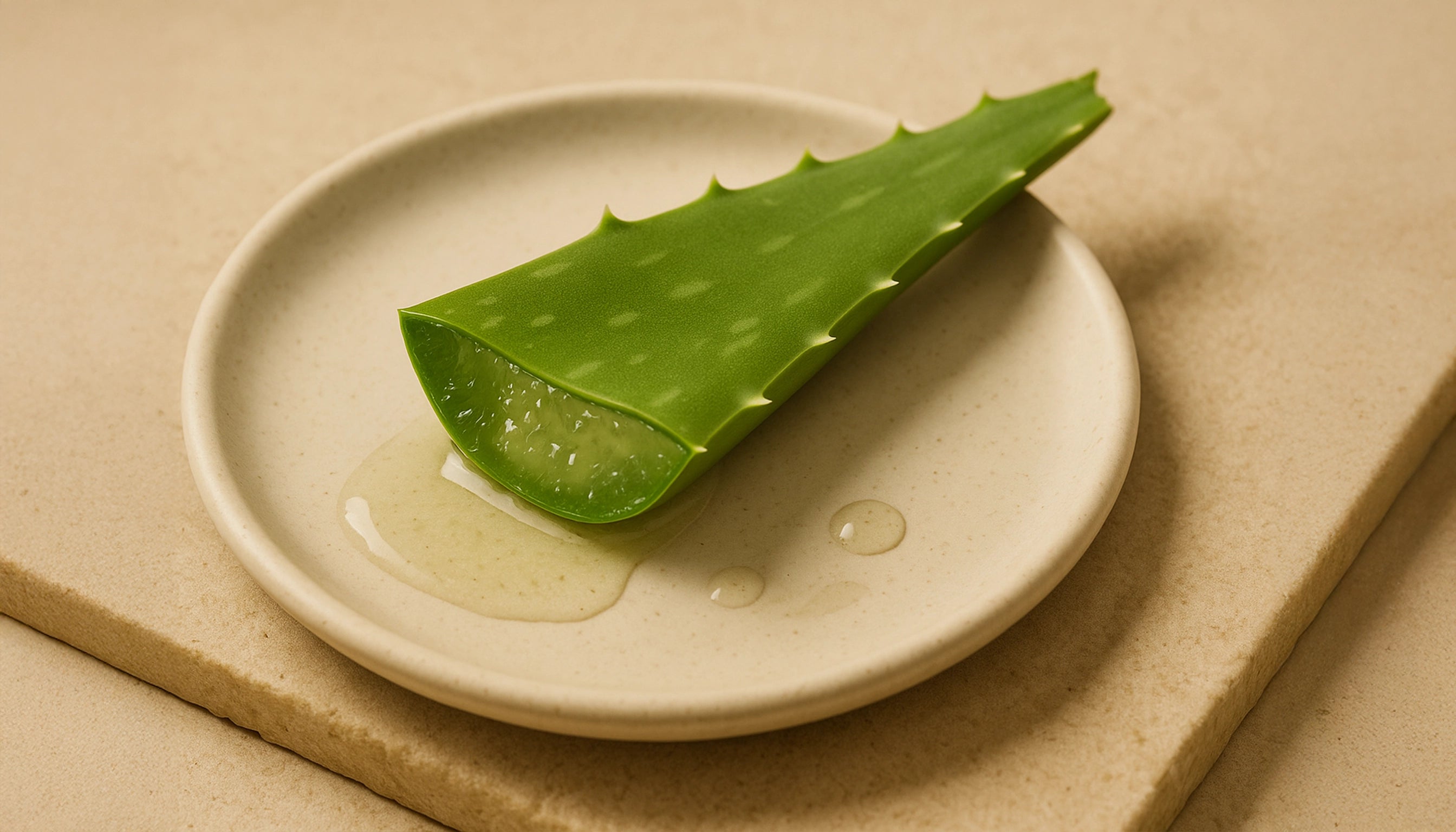 A realistic photograph of a freshly cut aloe vera leaf resting on a beige ceramic plate atop a textured stone surface. The leaf’s translucent gel is visible at the cut, with small droplets of aloe liquid on the plate. Soft, natural lighting enhances the green and beige tones, creating a clean, organic skincare aesthetic.