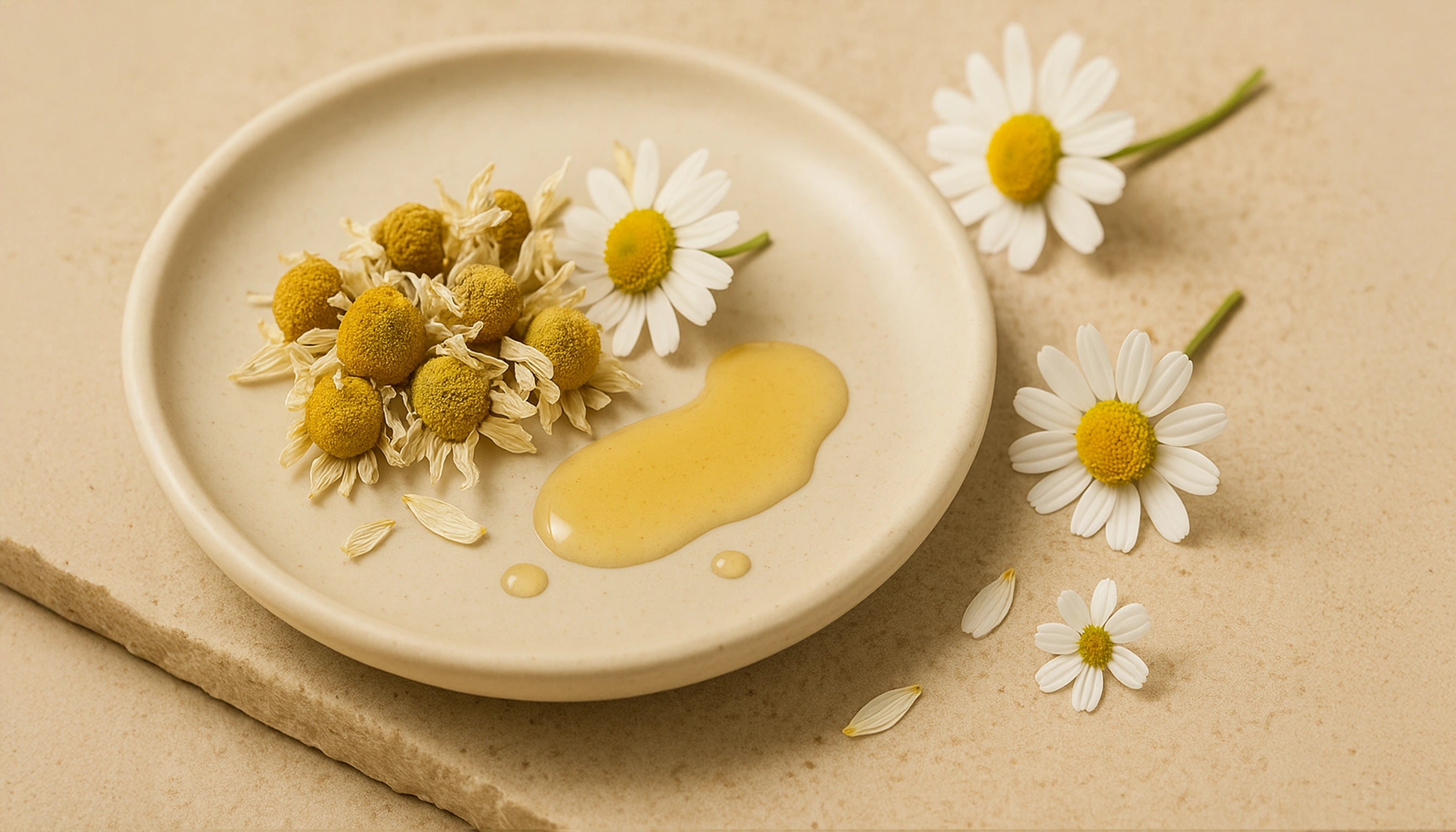 A realistic photograph of chamomile flowers combining both fresh white-petaled blooms and dried yellow buds on a beige ceramic plate. The soft daylight enhances the gentle textures and warm tones, creating a natural, soothing composition that reflects purity and calm.