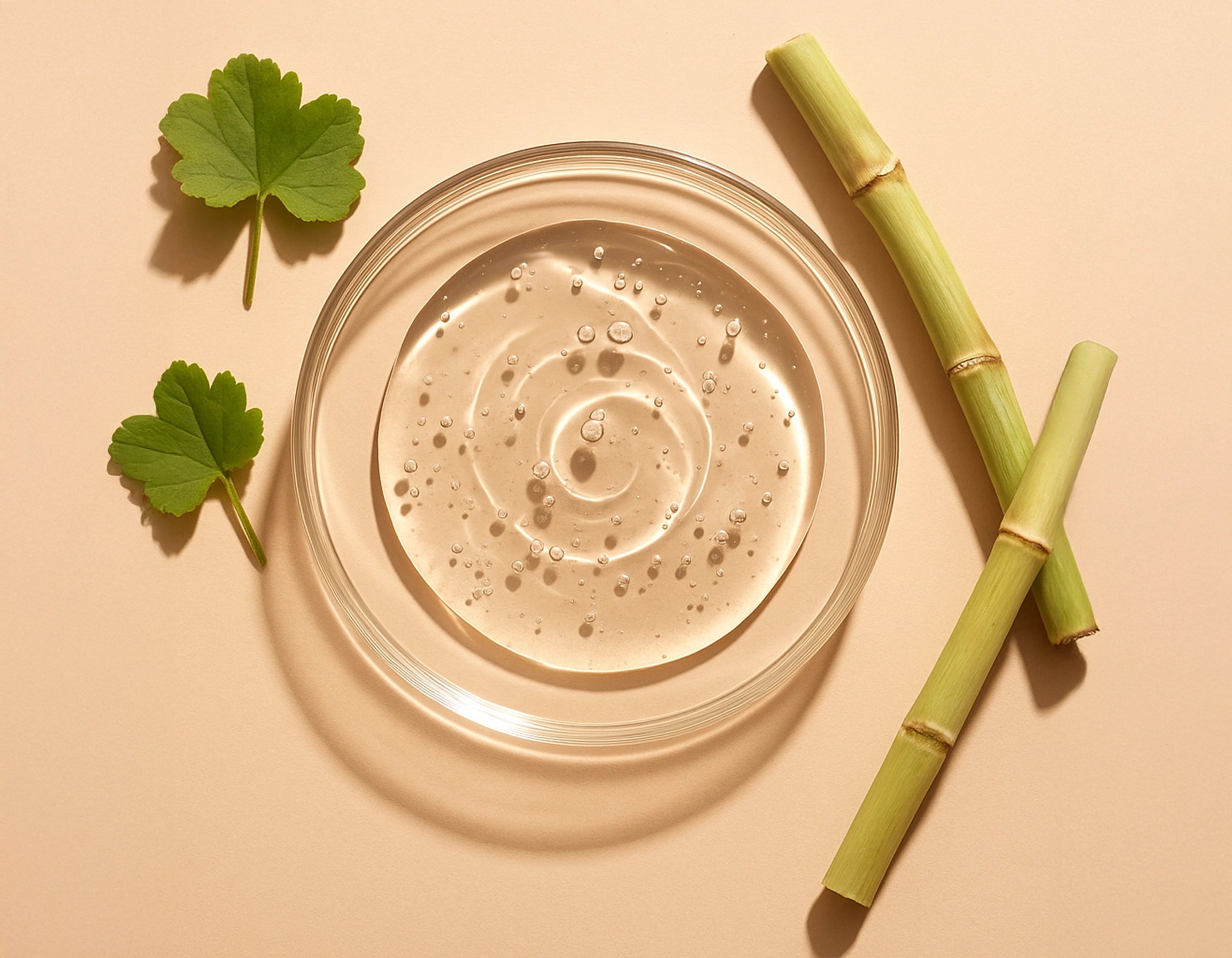 Glass dish filled with clear glycolic acid gel surrounded by sugarcane pieces, reflecting gentle exfoliation and skin radiance – Suvera Self Care.