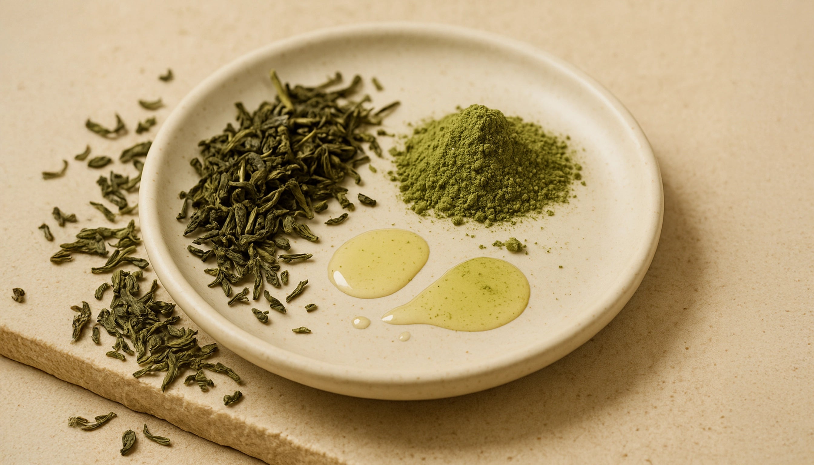 A realistic photograph of loose green tea leaves and matcha powder arranged on a beige ceramic plate over a textured stone surface. The rich green hues contrast softly with the warm background, enhanced by diffused natural lighting. Two small drops of green tea extract add a touch of gloss and depth to the composition.