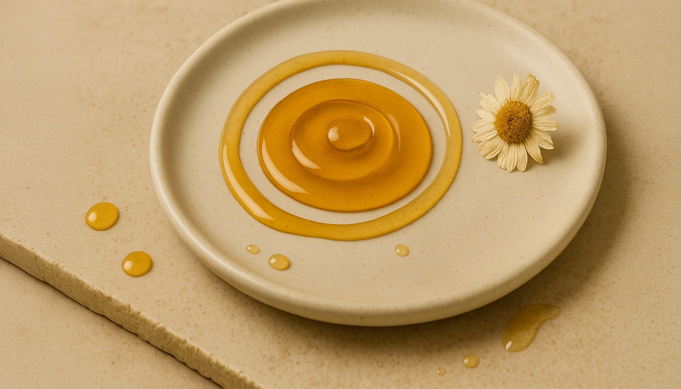 A realistic photograph of golden honey swirled into concentric rings on a beige ceramic plate. A dried chamomile flower and scattered honey droplets add natural charm, while soft, warm lighting highlights the honey’s amber tones and the plate’s smooth, matte texture.