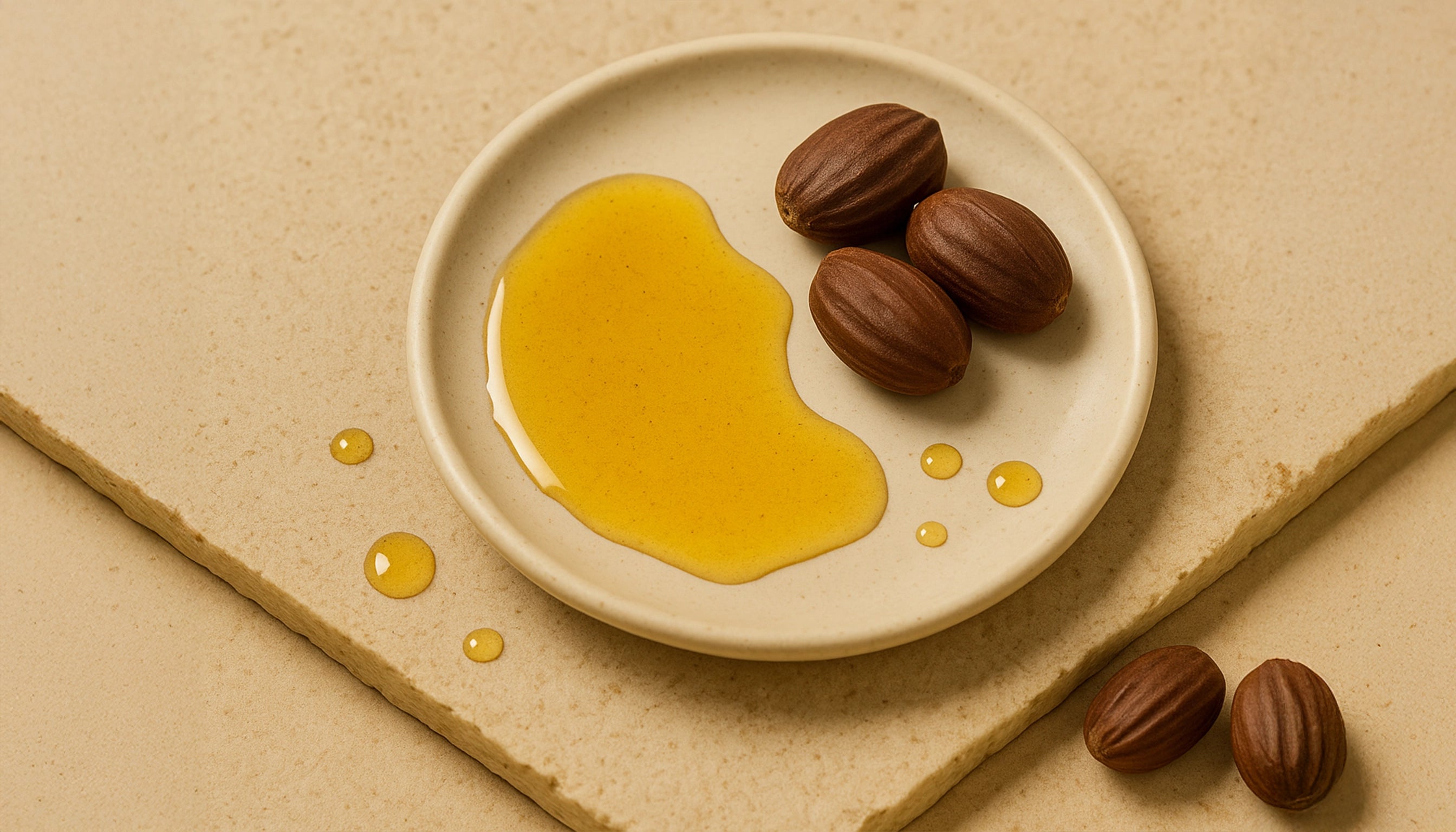 A realistic photograph of golden jojoba oil and brown jojoba seeds arranged on a beige ceramic plate atop a textured stone surface. The oil forms a soft puddle with small scattered droplets, illuminated by warm, natural daylight that highlights the organic textures and earthy tones.