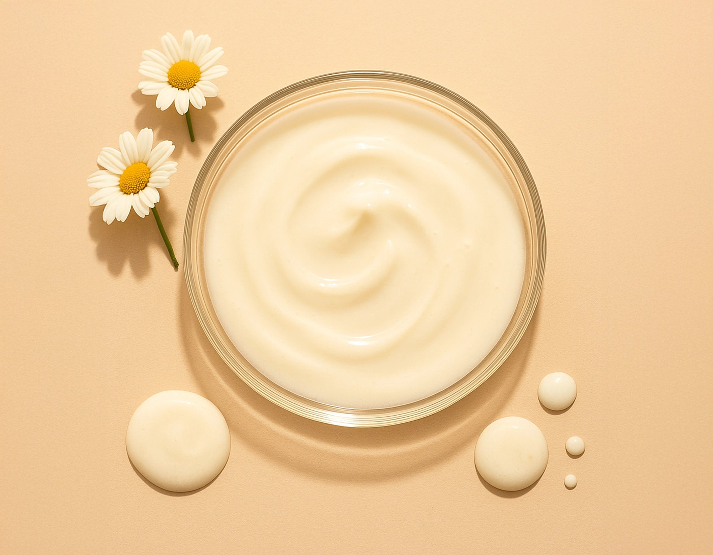 Creamy white lactic acid texture in a glass dish beside white petals, evoking softness and glow – Suvera Self Care