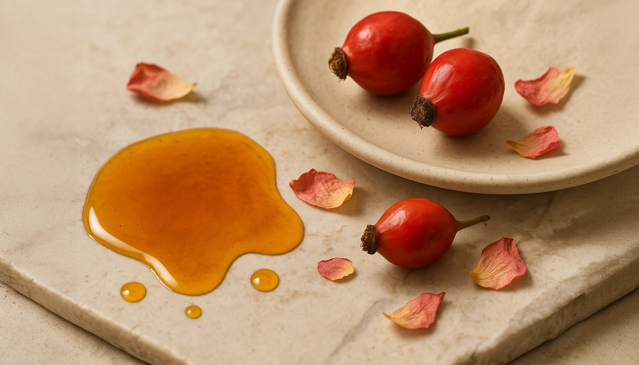 A realistic photograph of rosehip oil, ripe red rosehips, and scattered rose petals on a beige marble surface. The golden-orange oil glistens with small droplets and a natural spill, while the rosehips and petals add warmth and texture under soft, natural lighting.