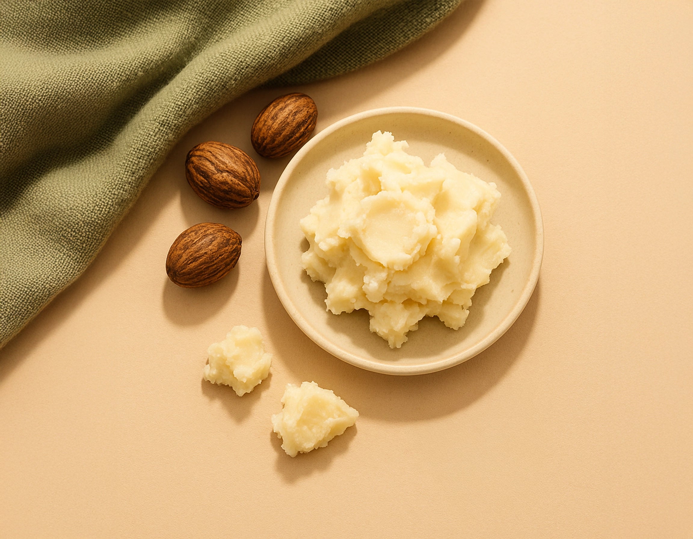 Rich creamy shea butter on a ceramic plate with shea nuts and a sage-green cloth, expressing nourishment and comfort – Suvera Self Care