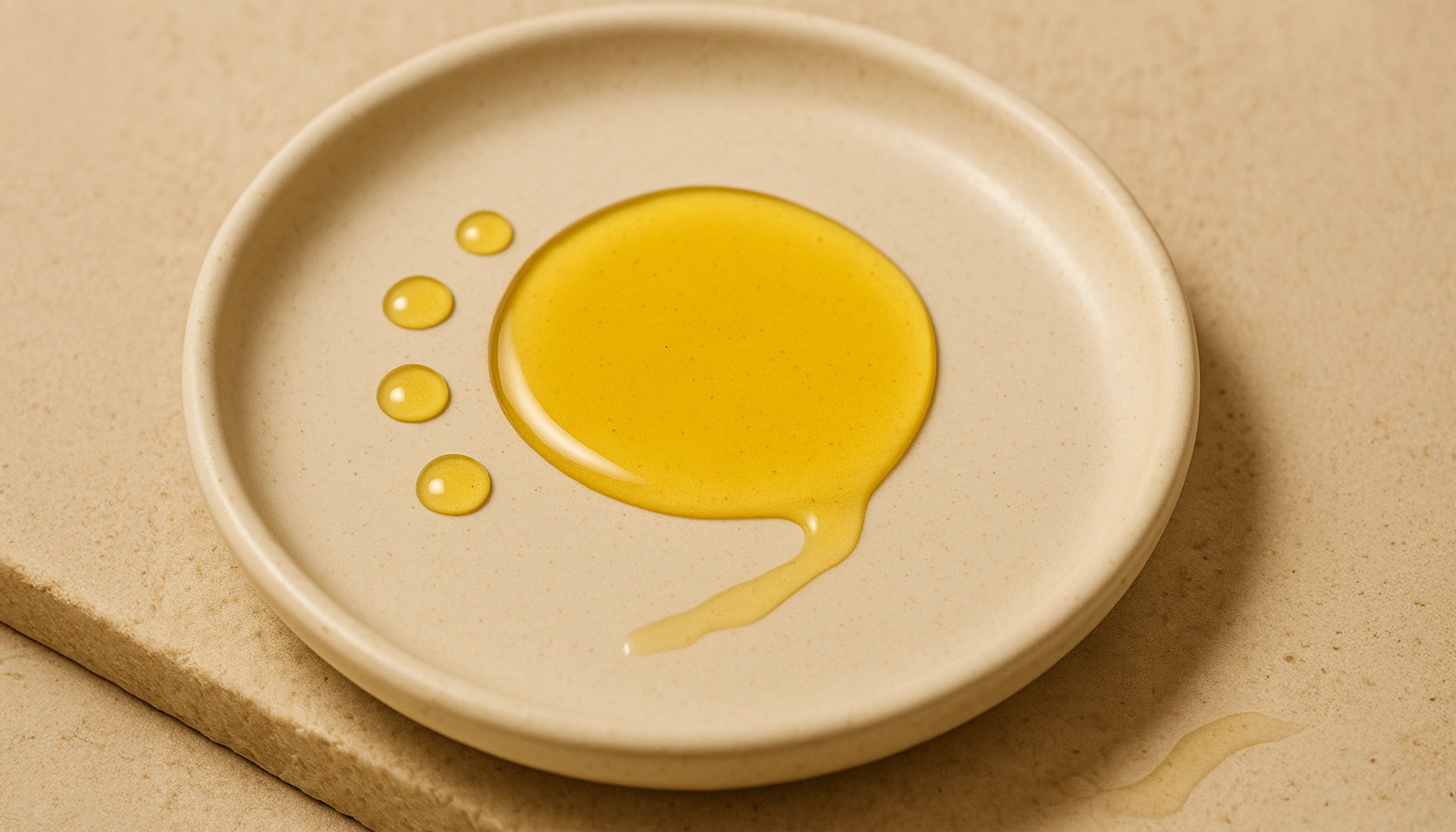 A realistic photograph of golden-yellow Vitamin E oil on a beige ceramic plate, placed on a textured stone surface. The oil forms natural droplets and a soft trail, highlighted by warm daylight. The image conveys an organic, clean, and minimal skincare aesthetic.