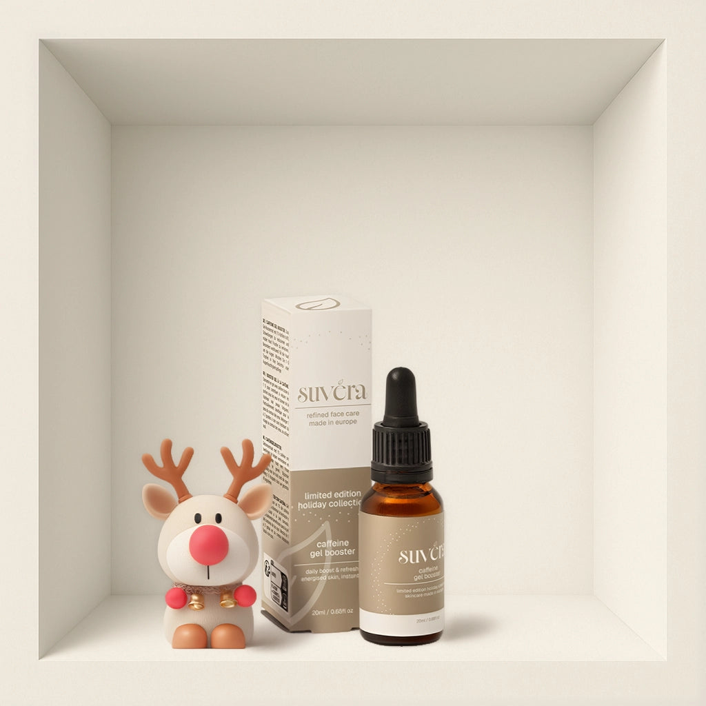 Suvera skincare product with a reindeer figurine on a neutral background