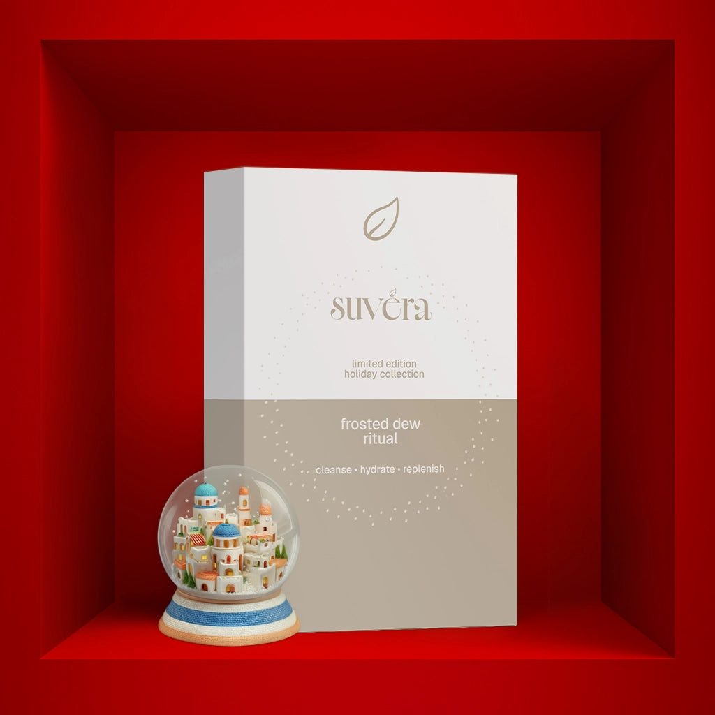 Suvera skincare product packaging with a decorative snow globe on a red background