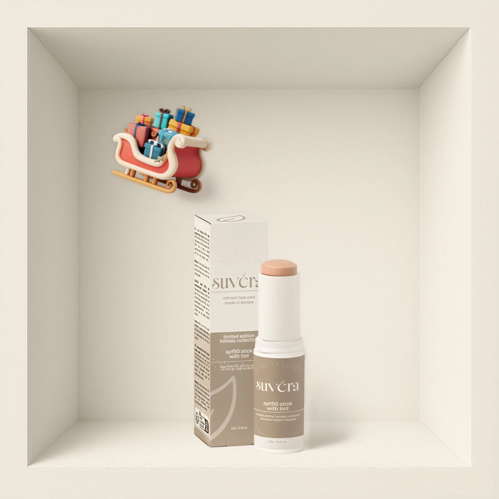 Suvera skincare stick and packaging on a neutral background